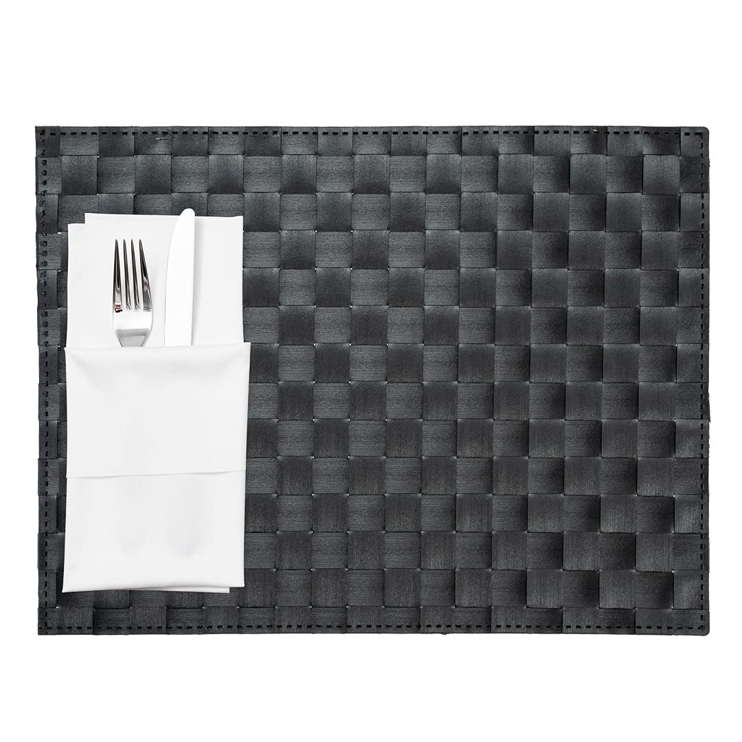 Restaurantware Macroweave 16 x 12 Inch Woven Placemats Set of 6 - Durable & Easy Clean Black Plastic Table Mats for Dining, Kitchen, Restaurant - Perfect for Everyday Use, Parties & Formal Events