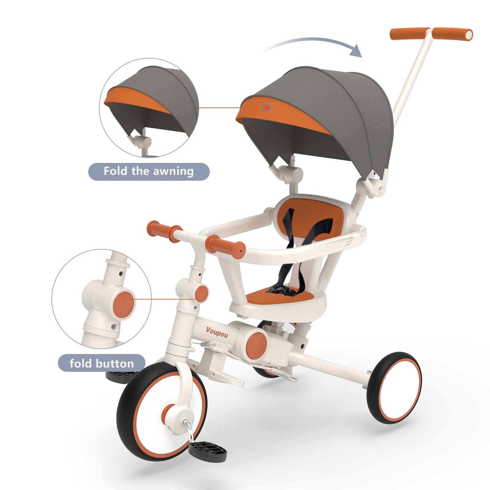 6 in 1 Adjustable Kids Tricycle for Toddlers 1-5 Years - Baby Balance Bike with Removable Pedals, Safety Harness & Retractable Canopy - White Trike for Outdoor Play, Park Rides & Learning to Cycle