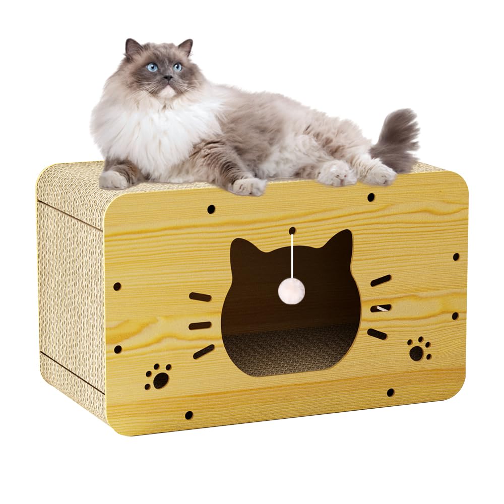 Premium Cat Scratcher House with Scratching Board & Hanging Ball Toy - Large Cardboard Cat Bed Cave for Resting & Play - Perfect for Indoor Cats, Multi-Level Scratching & Cozy Napping Spaces - Ideal for Living Rooms, Bedrooms & Cat Play Areas