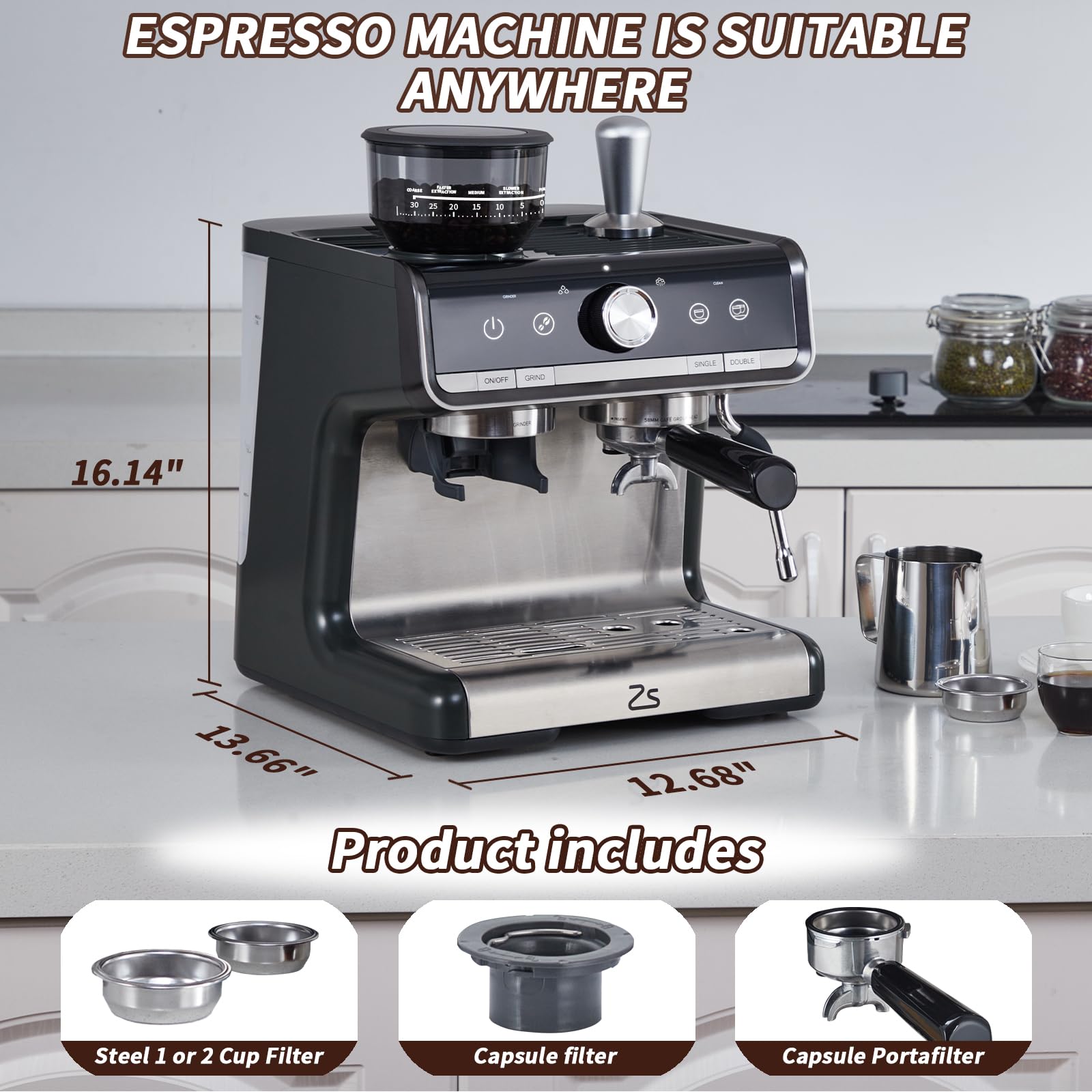 Garvee Professional Espresso Machine with Built-in Grinder & Milk Frother Steam Wand - 15 Bar Pressure Cappuccino & Latte Maker for Home Baristas - Perfect Gift for Coffee Lovers, Dad, Mom & Housewarming - Ideal for Kitchen, Office & Small Coffee Shops