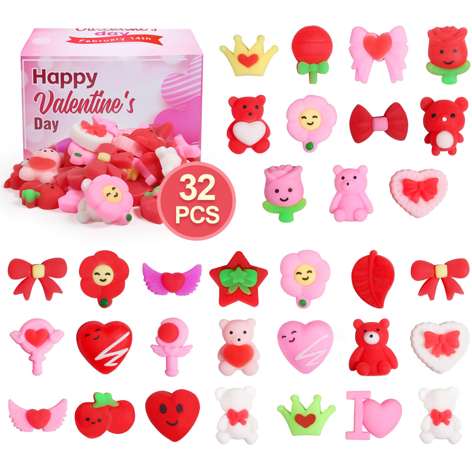 2025 Kawaii Squishy Toys 32 Pack - Valentine's Day Gifts & Stress Relievers for Parties