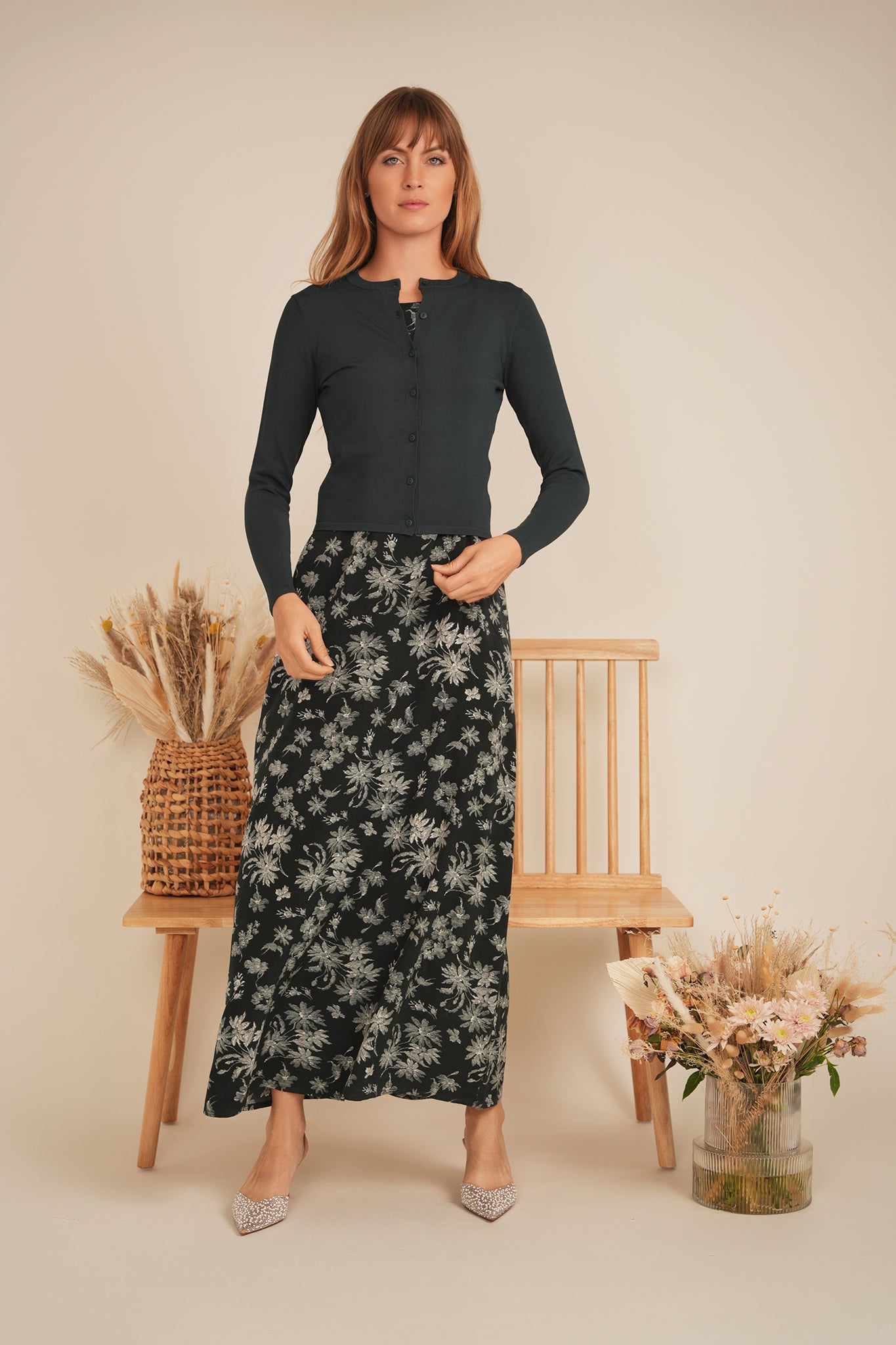 Printed Satin Maxi Jumper Dress for Women - Elegant Floral Pattern Long Sleeve Party Gown - Perfect for Weddings, Evening Events and Special Occasions