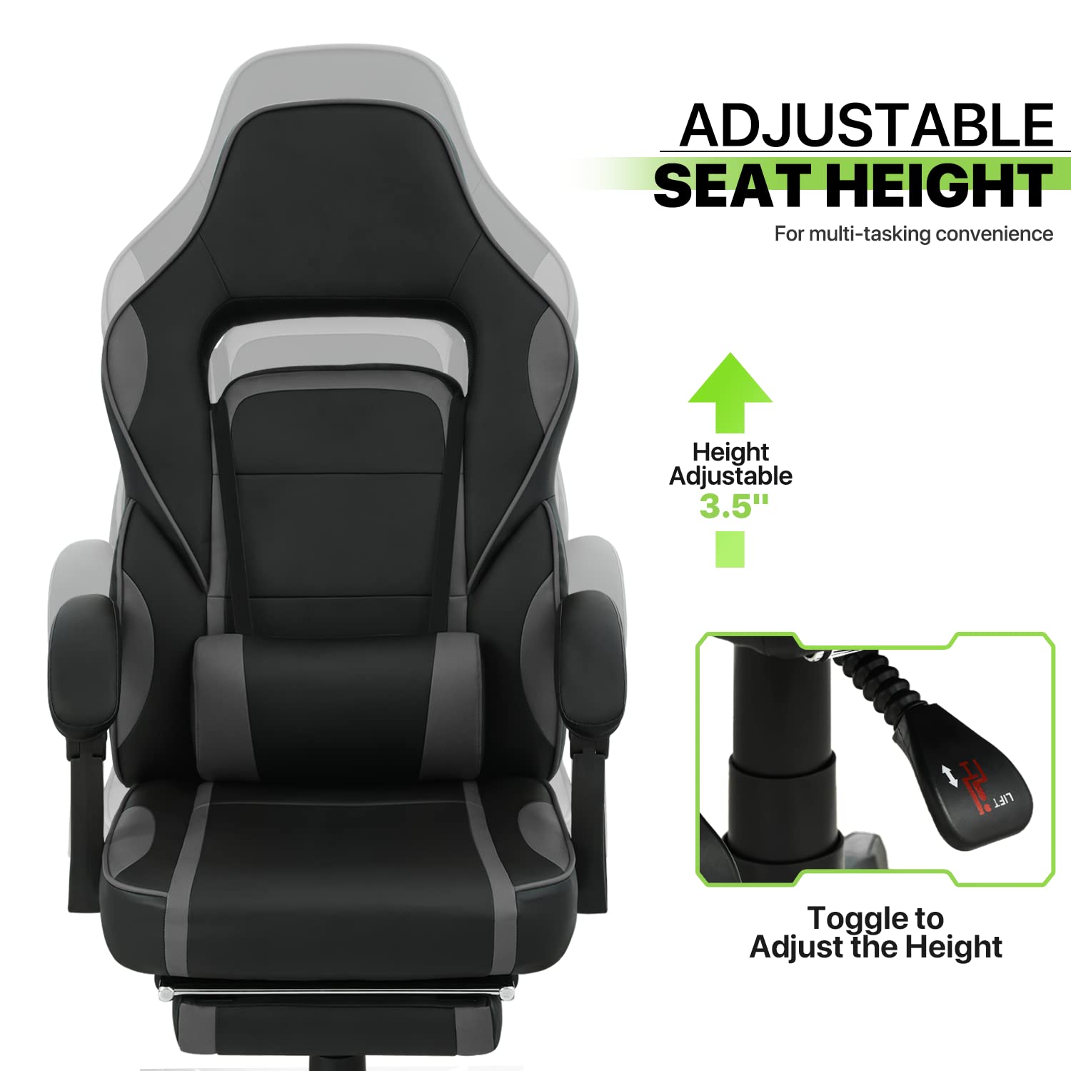 Premium Racing Style Gaming Chair - Ergonomic Adjustable Recliner with Lumbar Support & Retractable Footrest, 360° Swivel PU Leather Computer Chair for Home Office - Perfect for Esports, Streaming & Long Gaming Sessions (Grey)