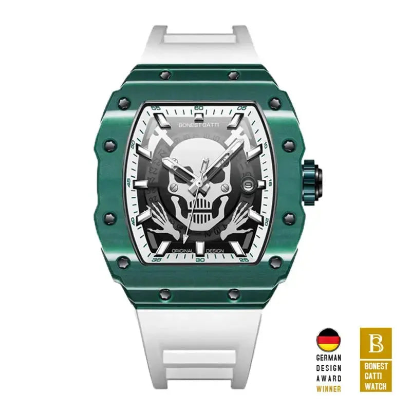 BONEST GATTI Men's Luxury Automatic Skeleton Watch - Tonneau Mechanical Wristwatch with Carbon Fiber Bezel, Titanium Case & Sapphire Crystal - Skull Design with Luminous Hands - Perfect for Business, Formal Events & Collector's Display