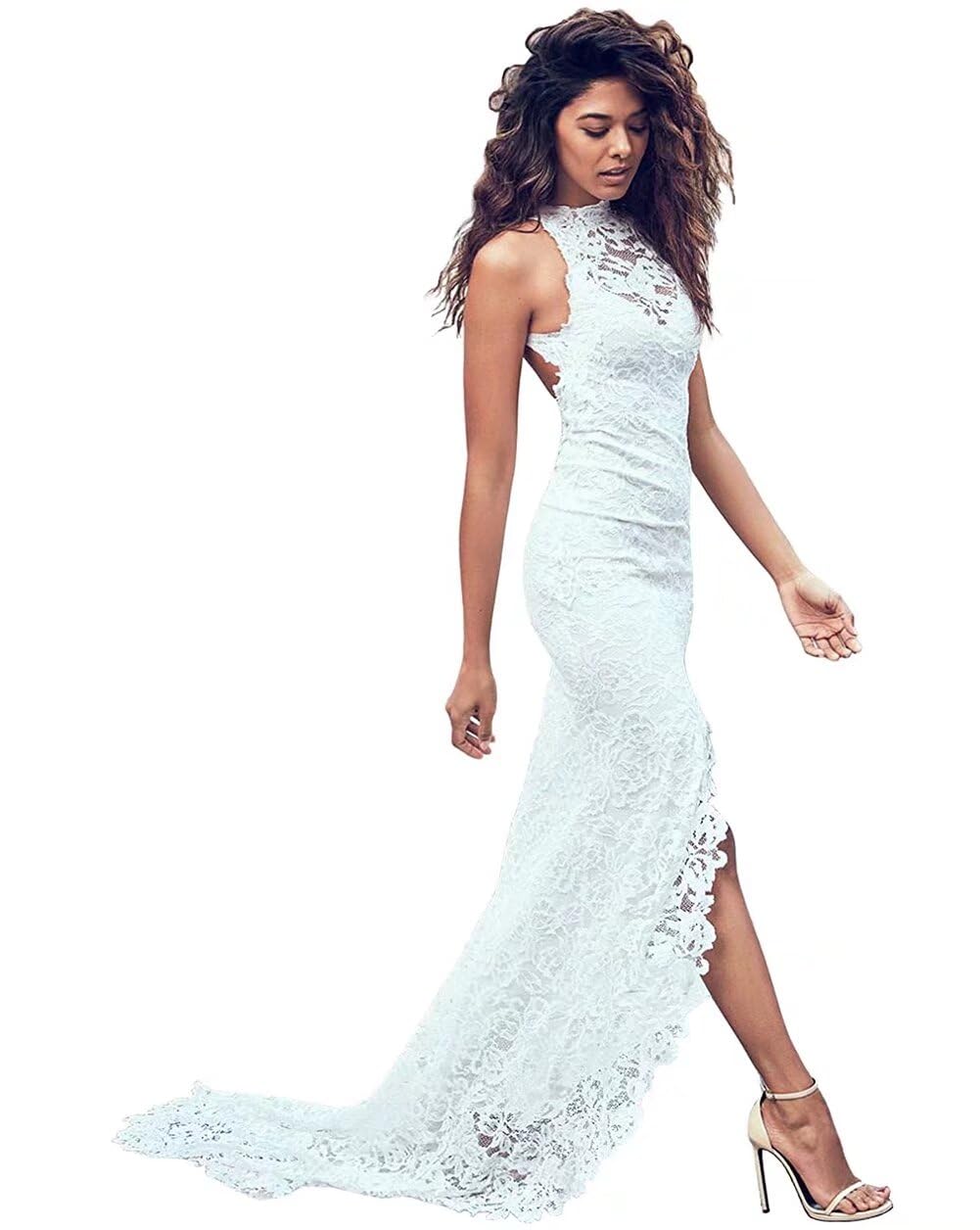 Bohemian Mermaid Wedding Dress with Lace Detailing - Ivory Beach & Garden Bridal Gown with Pockets | Perfect for Outdoor, Destination, and Boho-Chic Weddings
