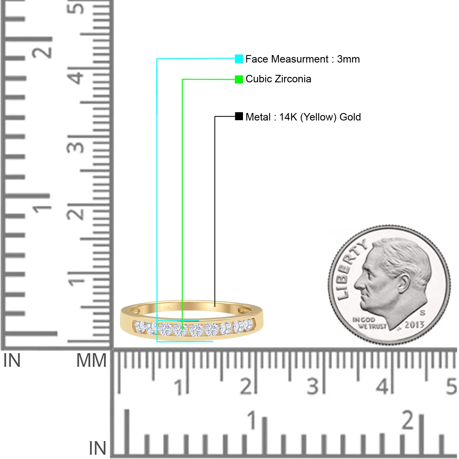 14K Yellow Gold Stackable Half Eternity 3mm Cubic Zirconia Wedding Band Ring for Women - Perfect for Bridal Sets, Anniversary Gifts & Everyday Elegance