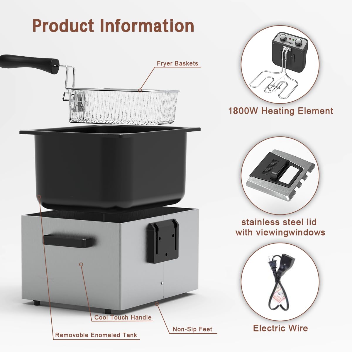 1800W 5L/21 Cup Commercial-Grade Stainless Steel Deep Fryer with Adjustable Thermostat, View Window Lid & 3 Frying Baskets - Perfect for Home Kitchen, Restaurants, Frying Chicken Wings, Fish, Donuts & French Fries