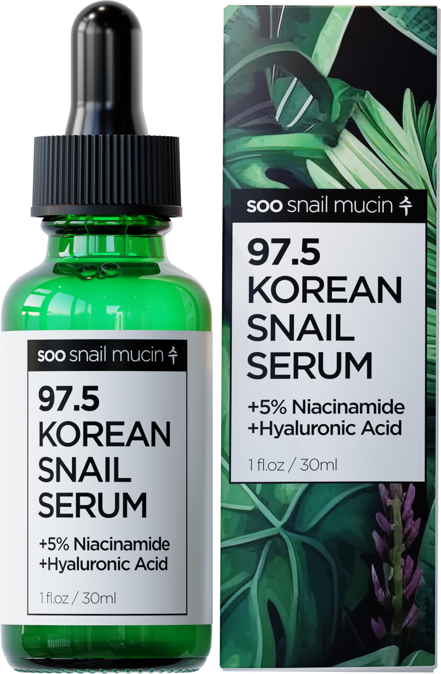 97.5% Snail Mucin Serum with Niacinamide - Korean Glass Skin Facial Serum - Anti-Aging & Hydrating K-Beauty Skincare - Cruelty Free & Vegan (1oz) - Perfect for Night Routine & Dry Skin Care