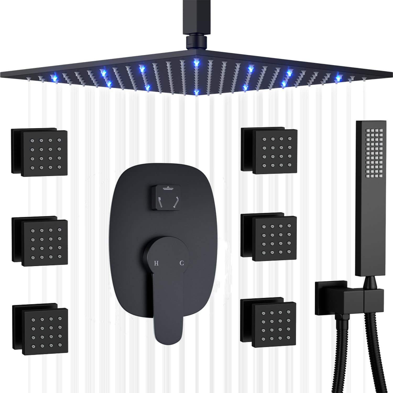 AYIVG 12 Inch LED Square Rainfall Shower System - Matte Black Brass Ceiling Mounted Bathroom Shower Set with Full Body Spray - Perfect for Modern Luxury Bathrooms & Spa-Like Shower Experience