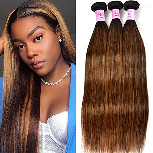 UNice Brazilian 100% Virgin Remy Human Hair Weave - 3 Bundles Brown Blonde Straight Ombre Highlight Hair Extensions (14 16 18 Inch, 100g Each) | Perfect for Daily Styling, Parties & Special Occasions