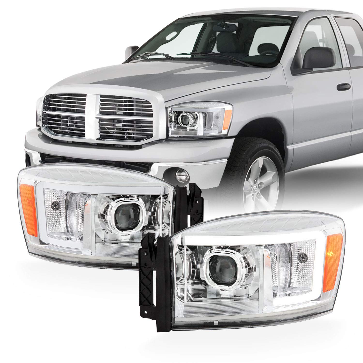 AKKON Chrome Projector Headlights for 2006-2008 Dodge Ram 1500 & 2006-2009 Ram 2500/3500 - LED Light Bar, Left & Right Pair - Upgrade Your Truck's Nighttime Visibility & Style