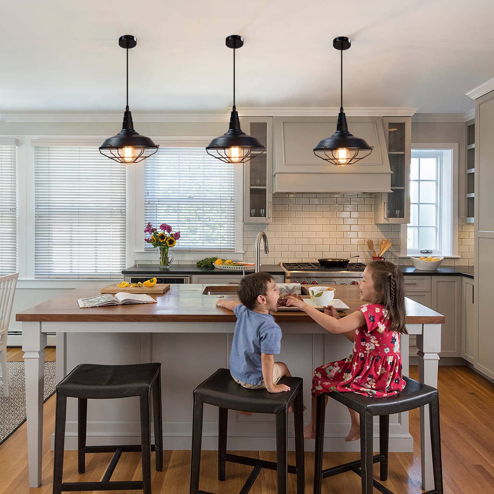Farmhouse Pendant Light 3 Pack - 10.5 Inch Black Industrial Hanging Lights for Kitchen Island, Dining Room, Office & Bedroom | Rustic Ceiling Fixture for Modern Home Decor