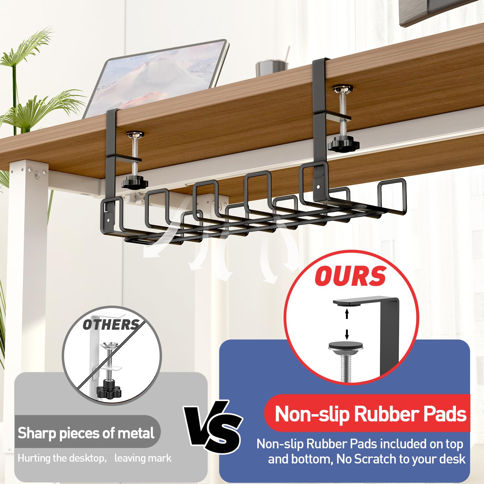 SpaceCare Under Desk Cable Management Tray - No Drill Wire Organizer for Home & Office - Black Cable Rack & Cord Holder Kit (1 Pack) - Perfect for Computer, Gaming & Workspace Organization