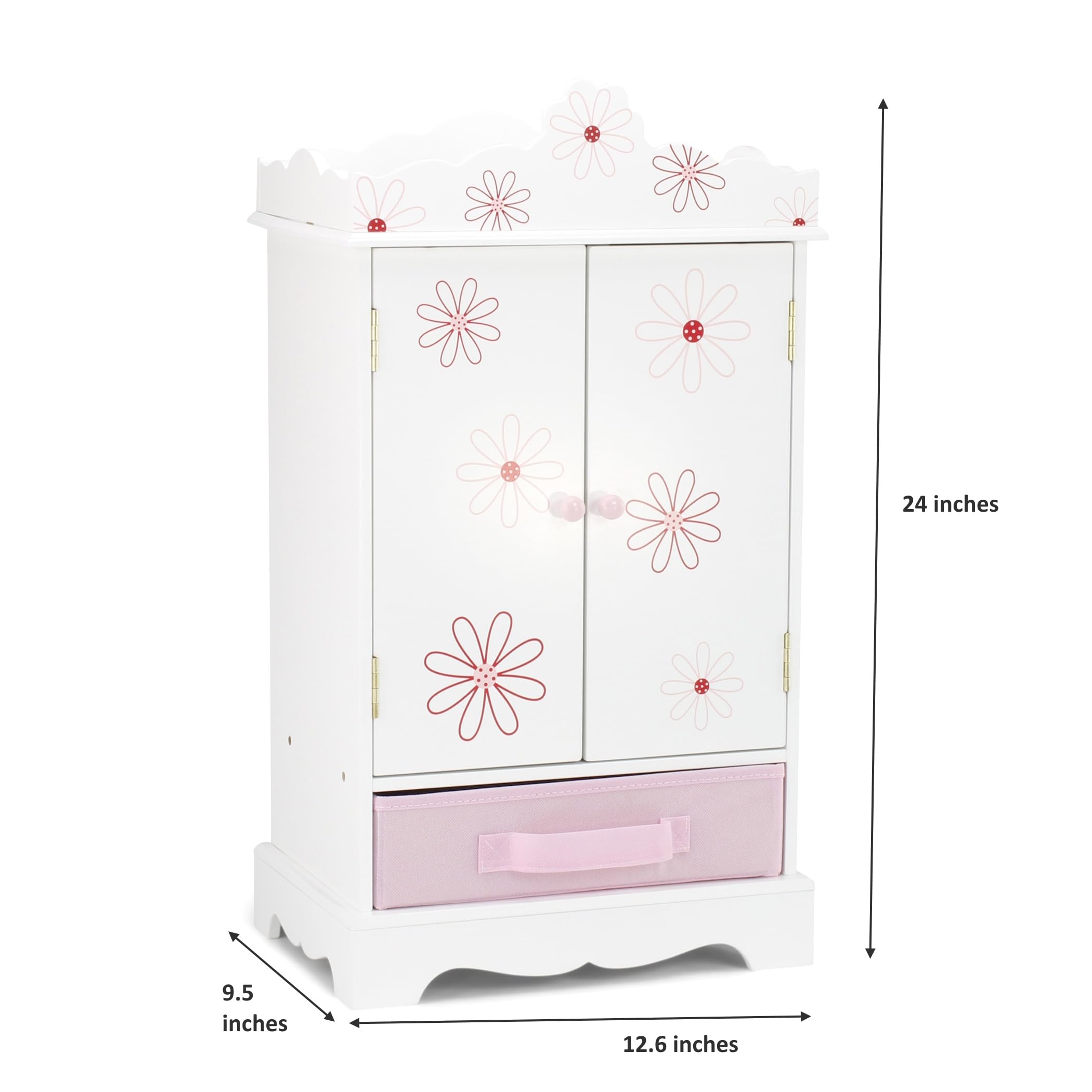 Emily Rose 18 Inch Doll Wooden Wardrobe with 5 Hangers - Floral Design Doll Closet for 18