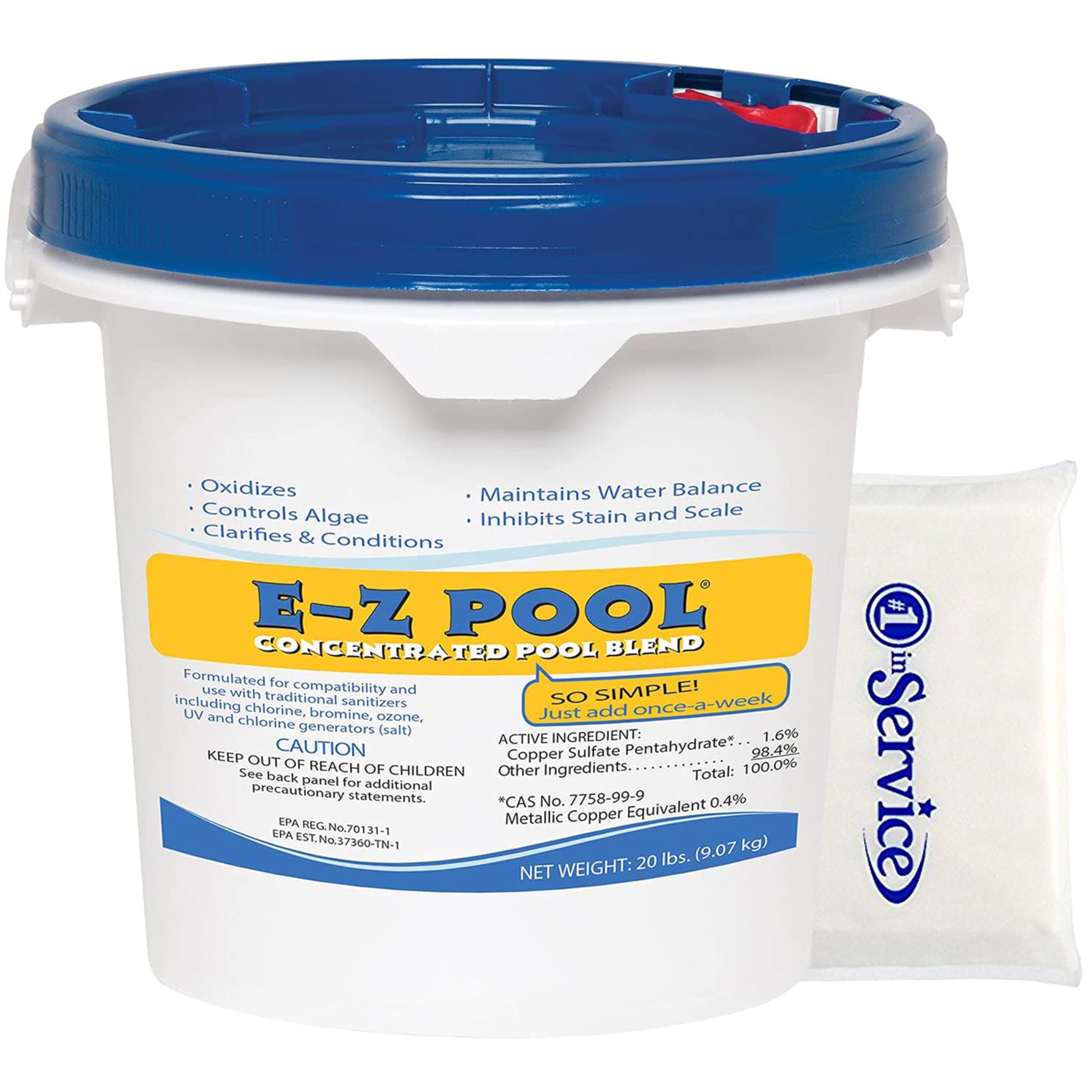 E-Z Pool Concentrated All-in-1 Pool Maintenance Formula - 20 lbs Weekly Treatment with Stable Oxidizer, Algaecide, Clarifier, Scale Inhibitor & Water Balancers (Includes NOIS Tissue Pack) | Perfect for Weekly Pool Cleaning, Water Clarification & Algae Prevention in Residential & Commercial Pools