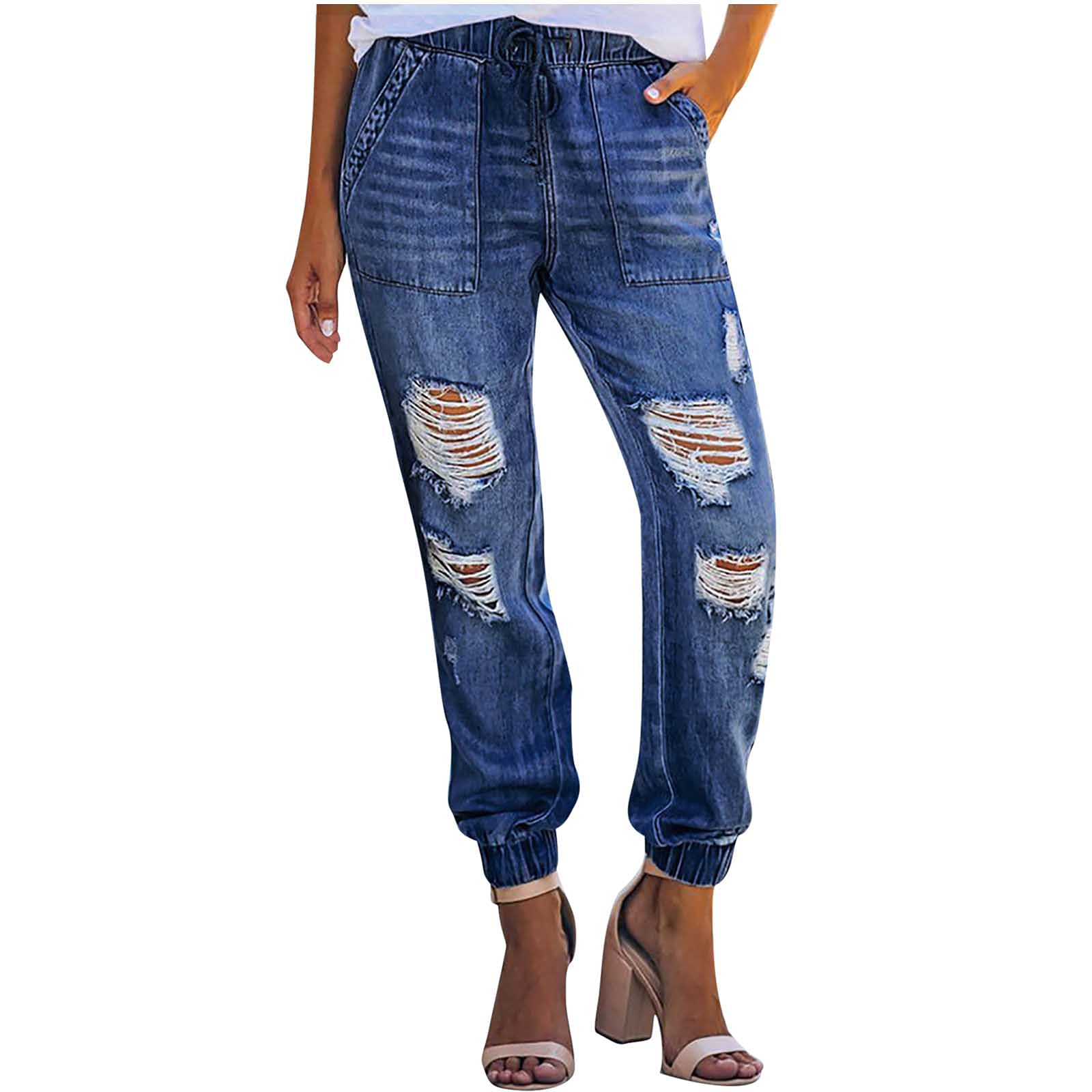 BIERELAOZI Women's Ripped Jeans - Stretch Denim Pants with Drawstring Elastic Waist & Vintage Wash | Perfect for Casual Outfits, Streetwear & Everyday Comfort