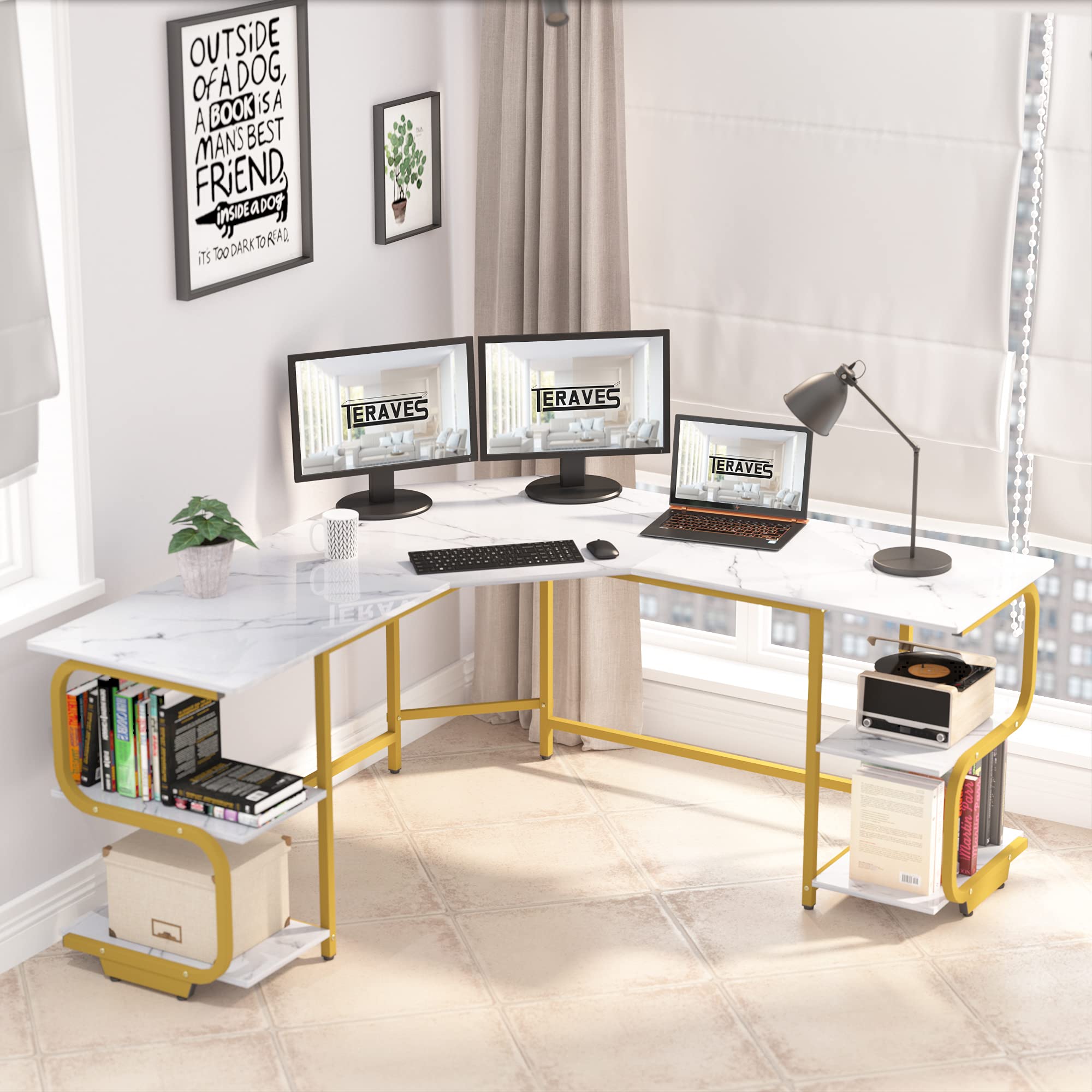 Modern L-Shaped Desk with Shelves - 64.84