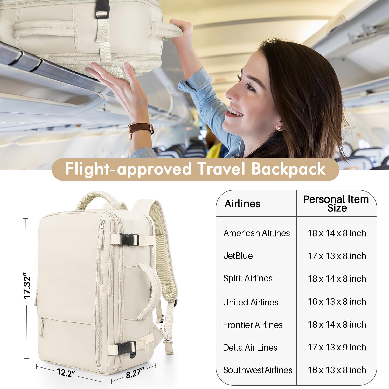 Airline Approved Carry-On Travel Backpack for Men & Women - Large Gym & Work Backpack Bag, Beige | Perfect for Business Trips, Gym, Hiking & Daily Commute