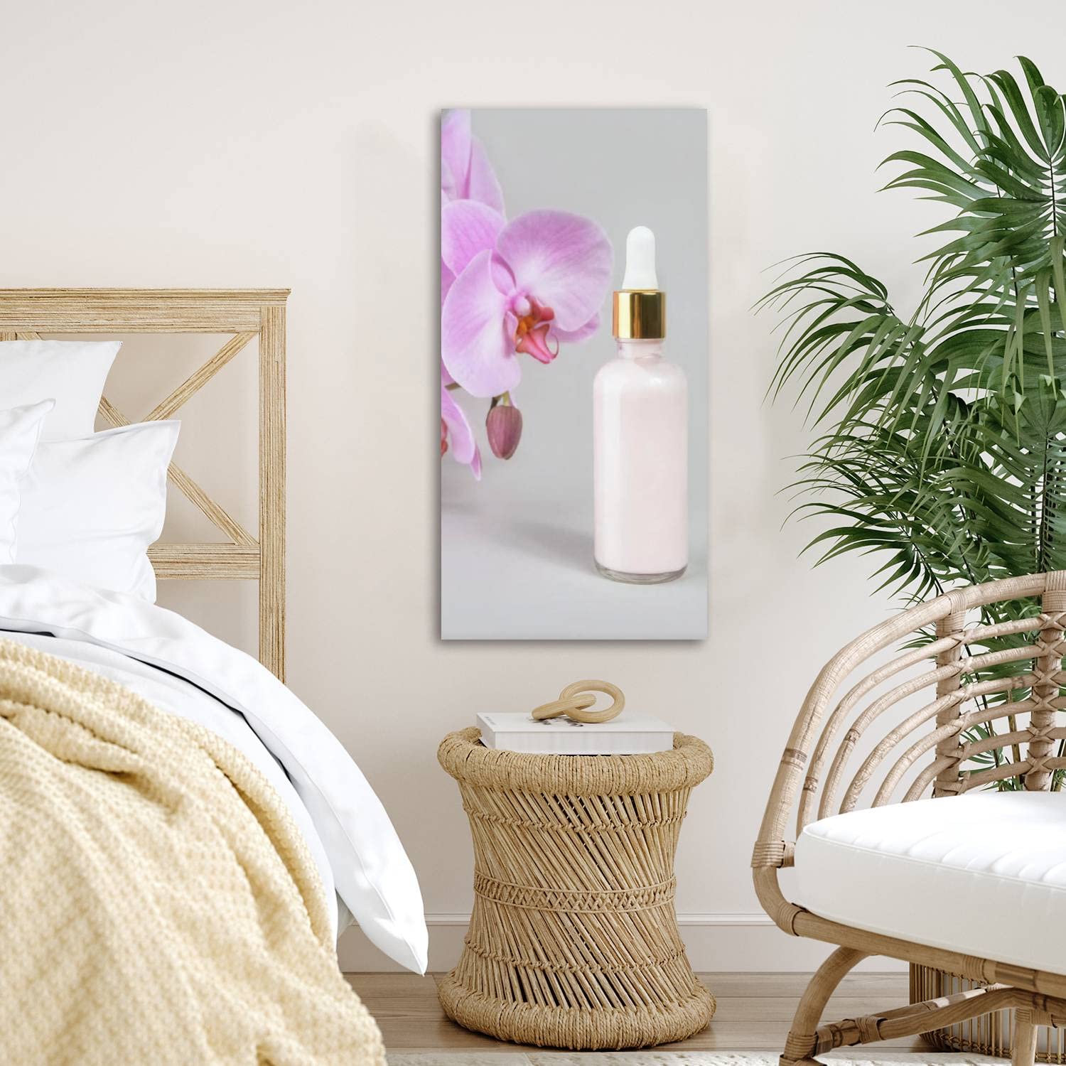 Anti-Aging Collagen Facial Serum in Glass Bottle with Pink Canvas Wall Art - 20x40 Inch Large Poster Prints for Living Room, Bedroom & Office Decor | Skincare & Home Styling Combo