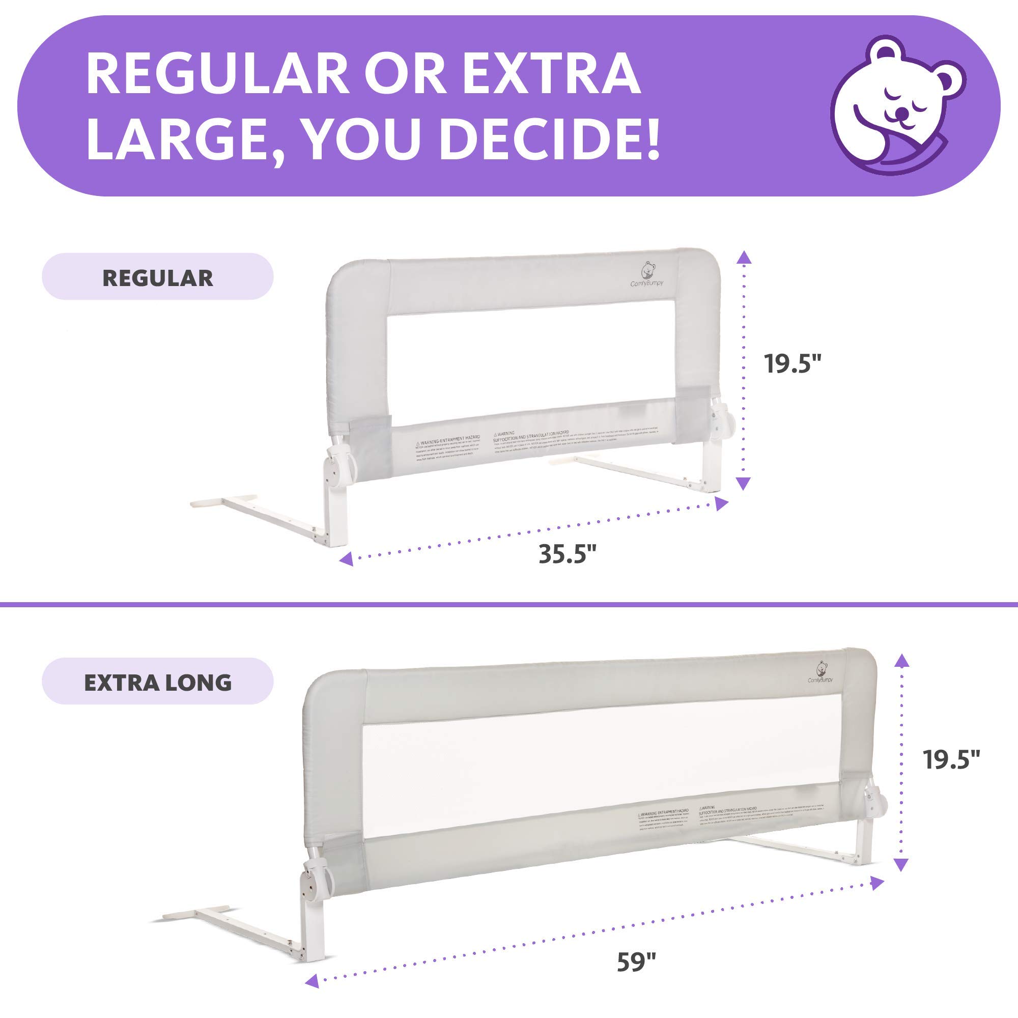 ComfyBumpy 59 Inch Extra Long Adjustable Toddler Bed Rail Guard for Kids - Safety Bed Rails for Twin, Full, Queen & King Size Beds - Baby Bed Side Rails for Boys & Girls (Gray, XL 59