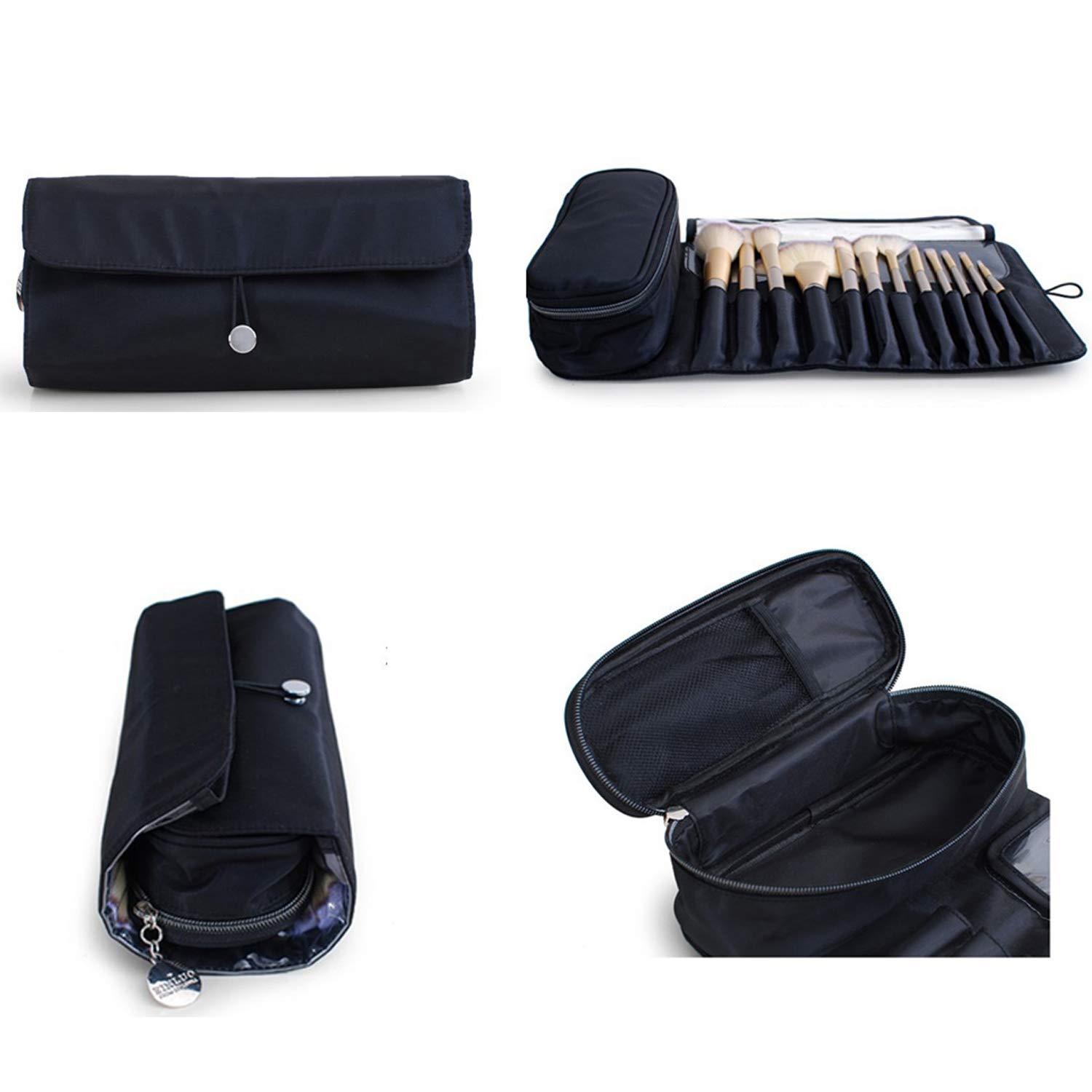 Travel Makeup Brush Case - Portable Roll Up Organizer for Brushes & Cosmetics (Black) - Perfect for Travel & Home Use
