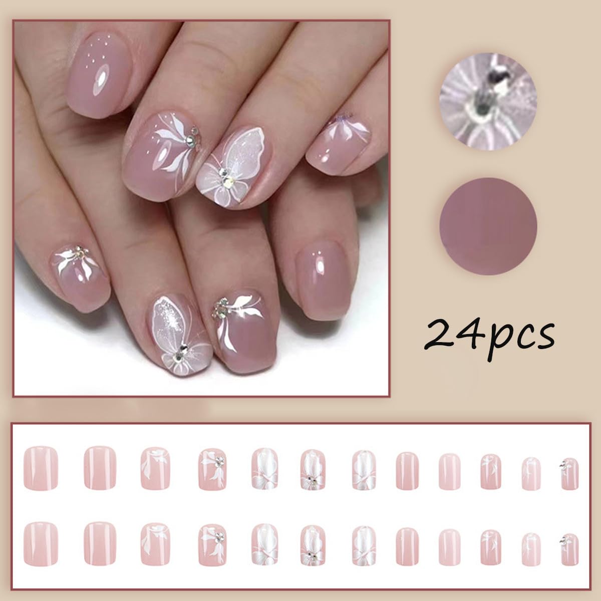 Pink Butterfly Diamond Press on Nails - Short Acrylic Fake Nails with Sparkle Designs, Reusable Stick on Nails for Women & Girls (24Pcs) - Perfect for Parties, Weddings, and Everyday Glam