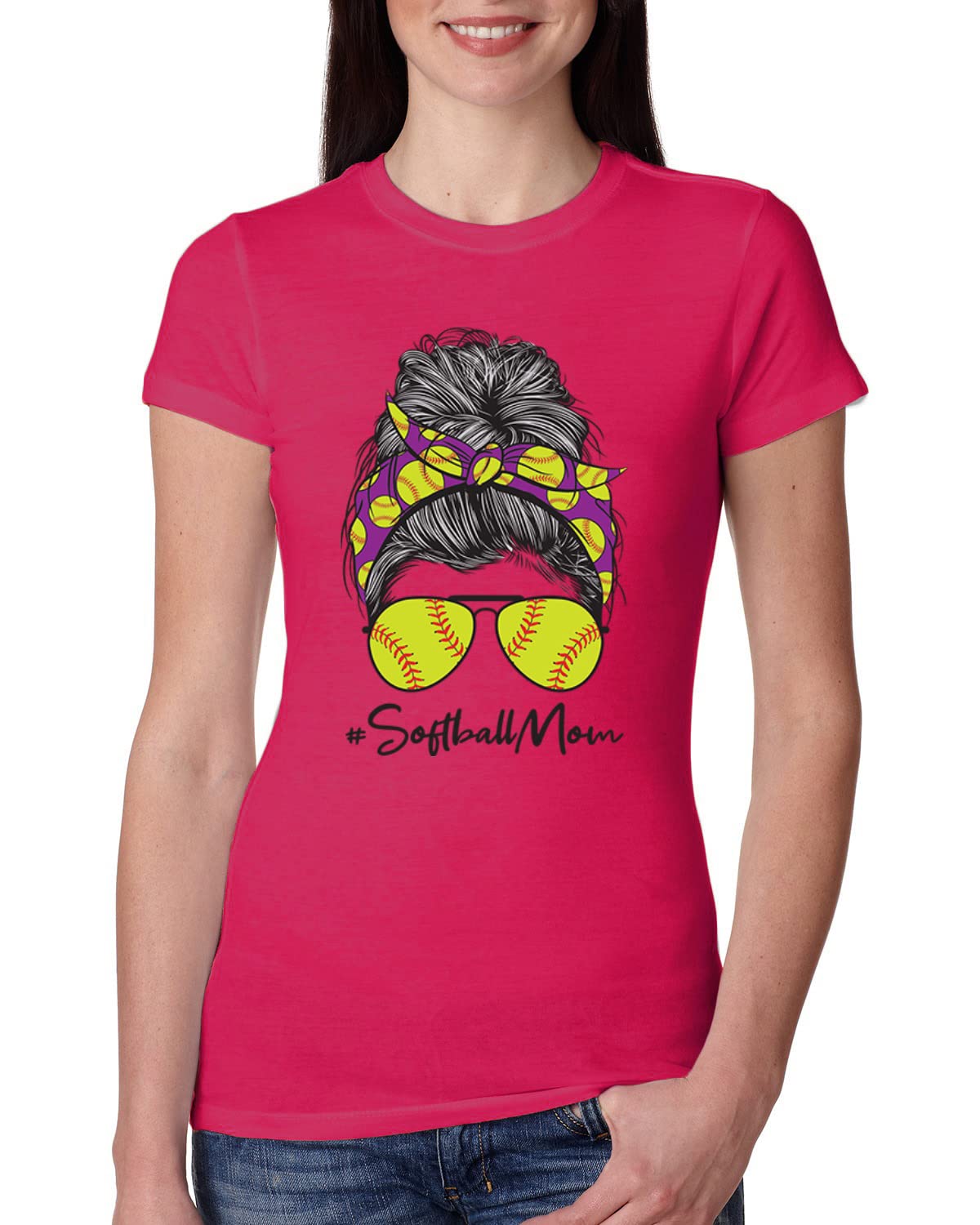 Messy Bun Softball Mom T-Shirt | Women's Slim Fit Junior Tee for Game Day, Sports Lovers & Mother's Day Gifts - Perfect for Baseball Games, Team Support & Casual Wear