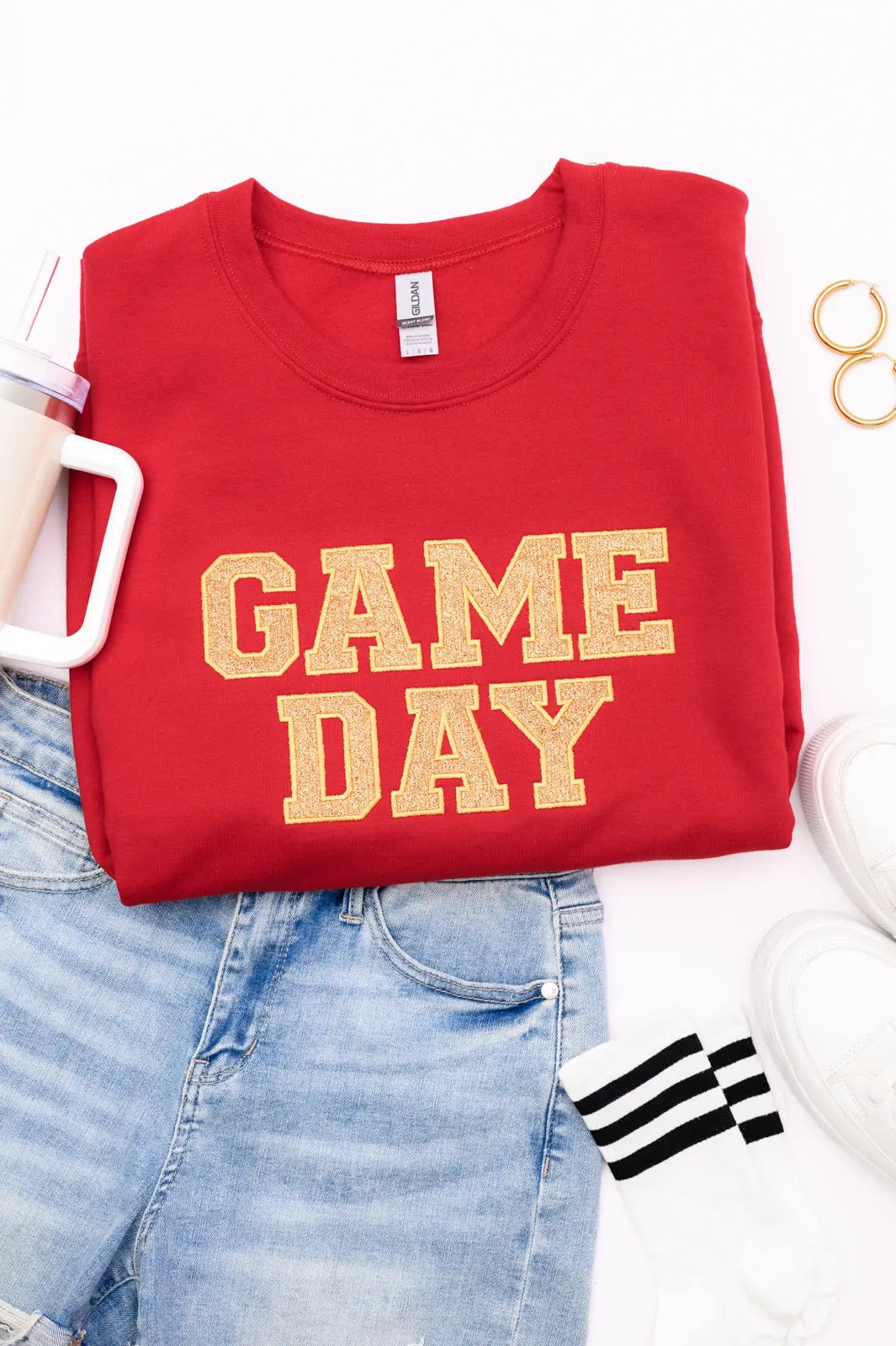 PREORDER: Embroidered Glitter Game Day Sweatshirt - Red & Old Gold | Women's College Football Fan Apparel for Tailgating & Sports Events