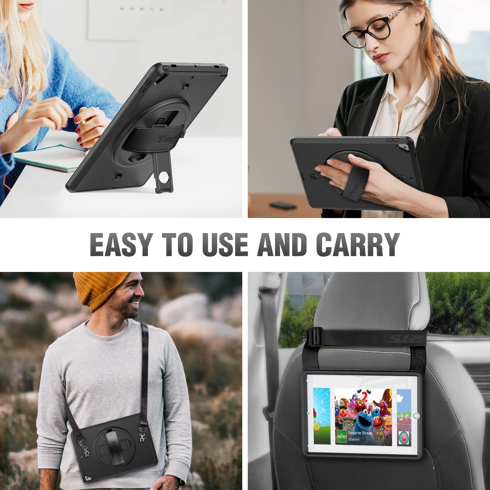 Timecity iPad 7th/8th/9th Generation Case (10.2 inch 2019-2021) - Heavy Duty Protective Cover with Built-in Screen Protector, Rotating Stand, Hand/Shoulder Straps & Apple Pencil Holder - Black | Perfect for Work, School & Travel