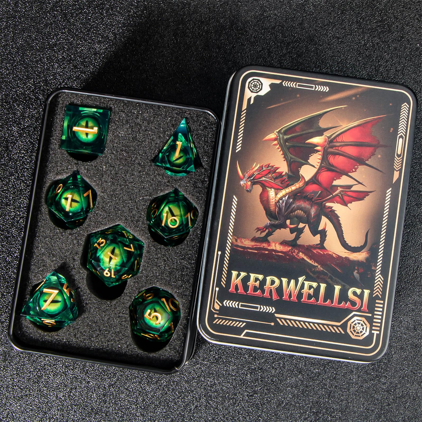 KERWELLSI 7Pcs Liquid Core Dragon Eye DND Dice Set - Sharp Edge Resin Polyhedral RPG Dice (D20 D12 D10 D8 D6 D4) with Gift Box for Dungeons & Dragons, D&D Game Night & Tabletop Roleplaying