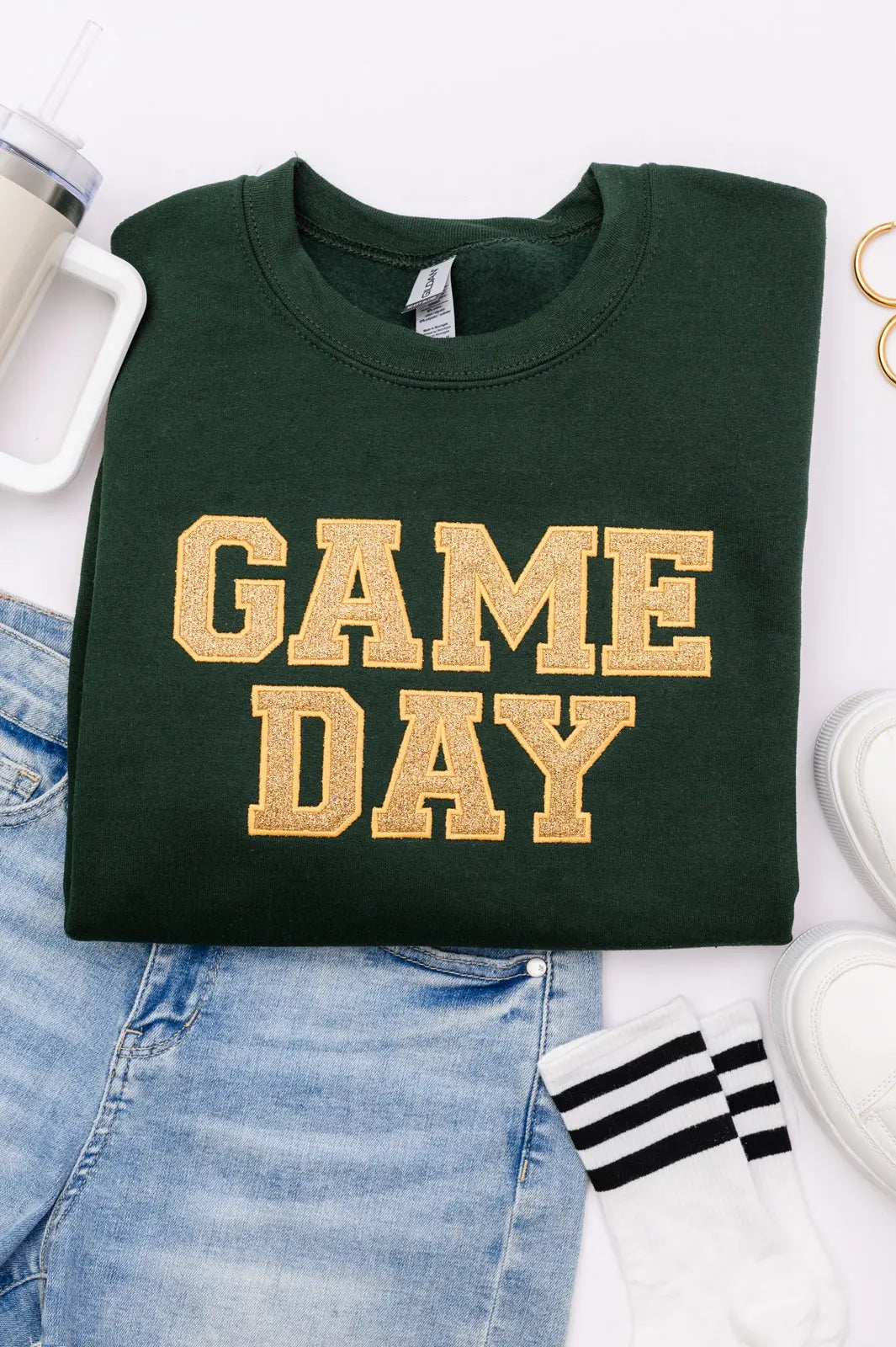 PREORDER: Embroidered Glitter Game Day Sweatshirt - Forest Green & Old Gold | College Football Fan Apparel, Tailgating Outfit, Sports Team Spirit Wear