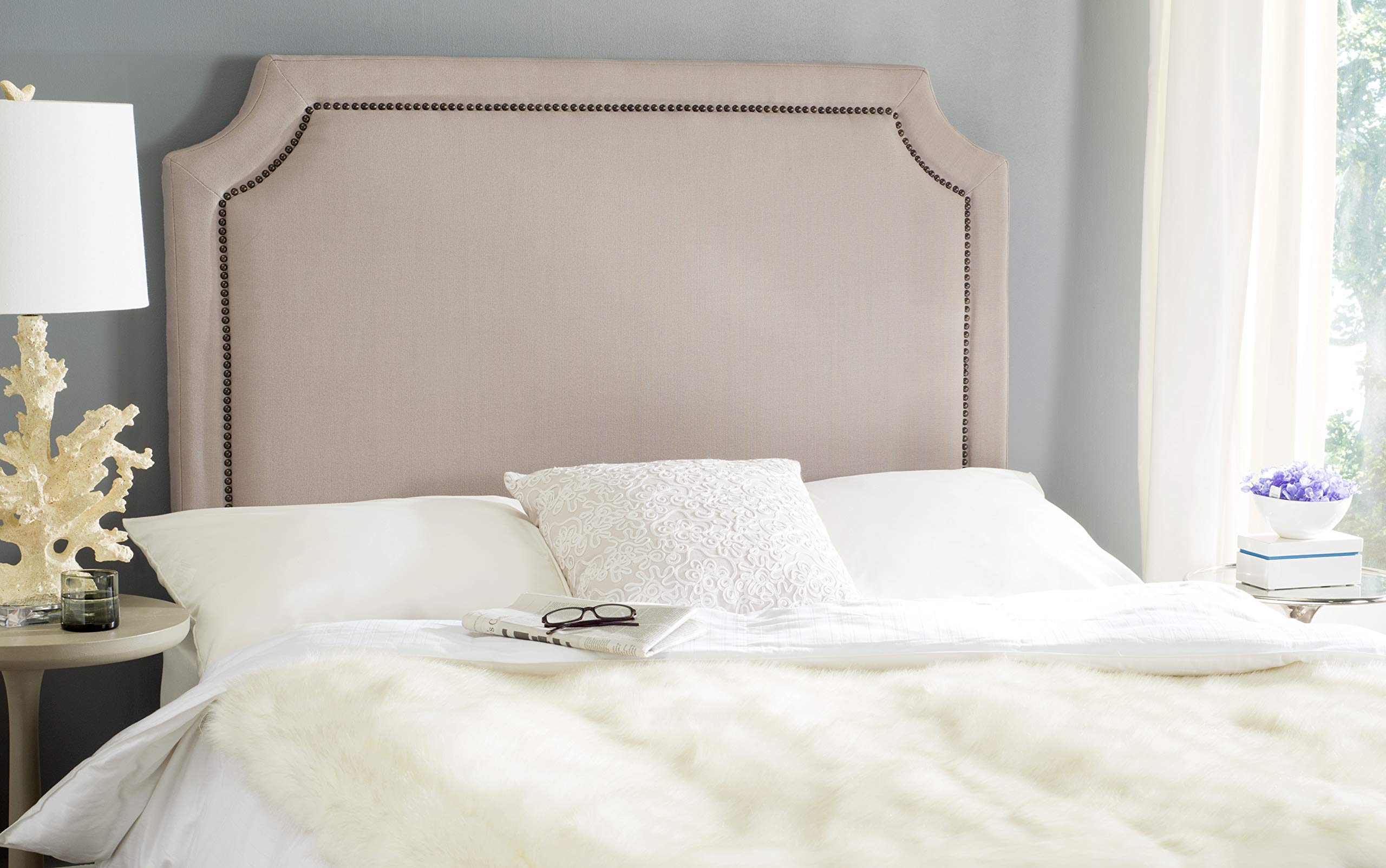 Safavieh Shayne Taupe Linen Upholstered Queen Size Headboard with Brass Nailhead Trim - Elegant Bedroom Decor for Master & Guest Rooms
