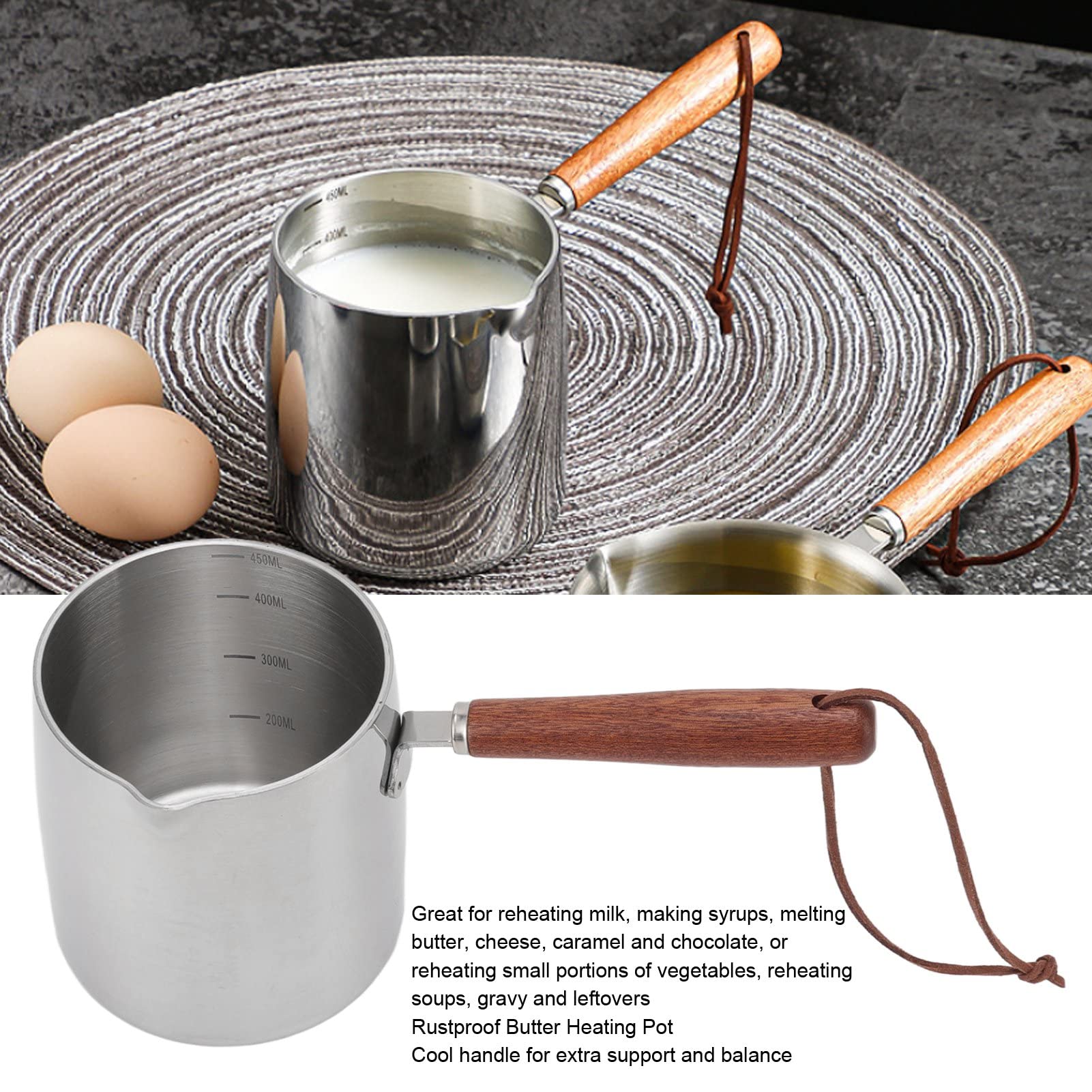 Stainless Steel Butter Warmer 15 oz - Turkish Coffee Pot & Mini Milk/Coffee Warmer with Wooden Handle - Perfect for Melting Chocolate, Heating Maple Syrup, Sauces & More - Ideal for Kitchen, Camping & Coffee Lovers