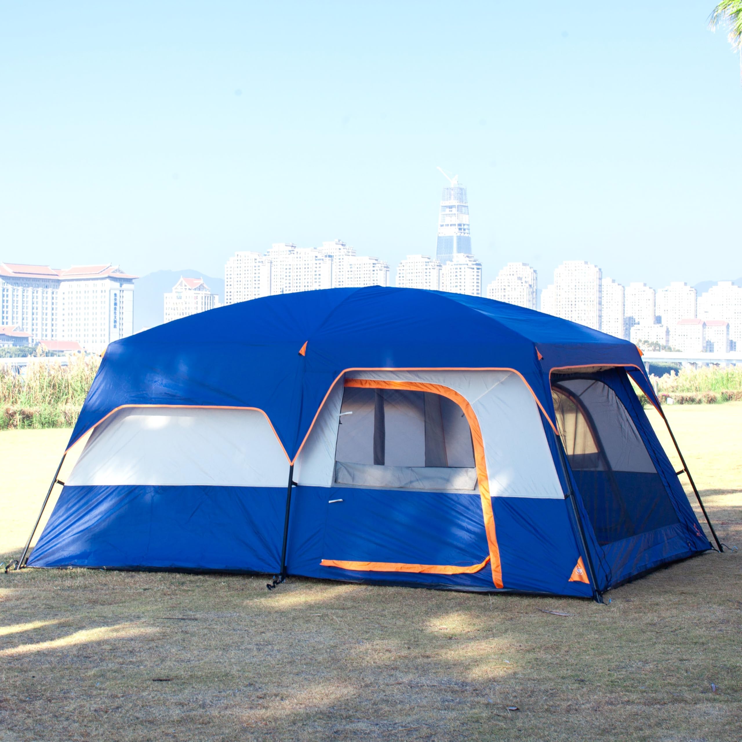 KTT Extra Large Family Cabin Tent for 10-14 People - 2 Rooms, 3 Doors & Windows with Mesh, Waterproof Double Layer Straight Wall Design - Perfect for Camping, Picnics, Outdoor Adventures & Family Gatherings