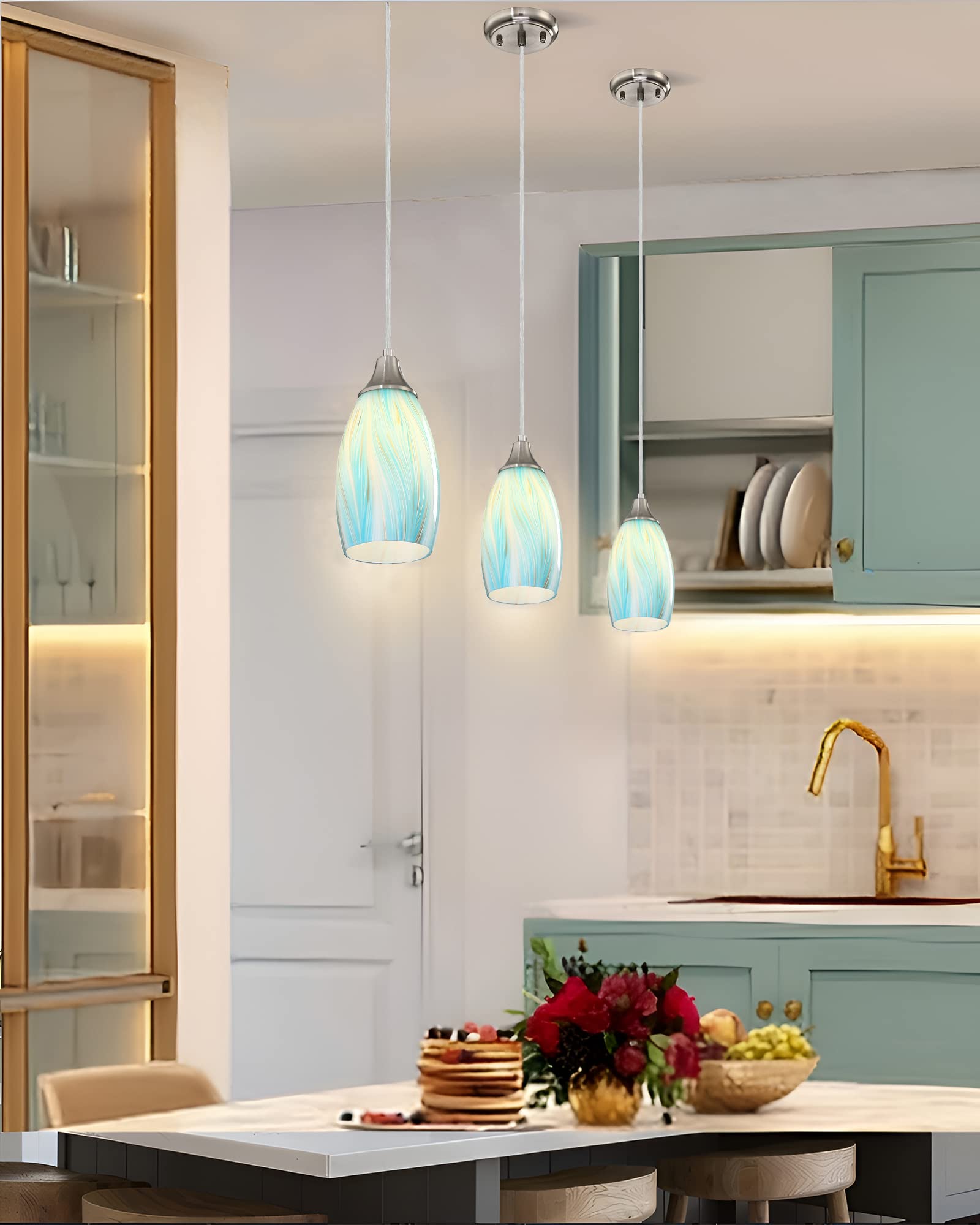 Handcrafted Mini Teal and Gold Art Glass Pendant Lights - 3 Pack Brushed Nickel Adjustable Cord Hanging Lamps for Kitchen Island, Coffee Bar & Dining Room - Elegant Ceiling Lighting for Modern Home Decor