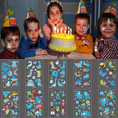 Glow in the Dark Temporary Tattoos for Kids - 10 Sheets Blue Luminous Waterproof Fake Tattoo Stickers with Shark, Whale & Mermaid Designs - Perfect for Birthday Parties, Halloween Costumes & Summer Camp Activities