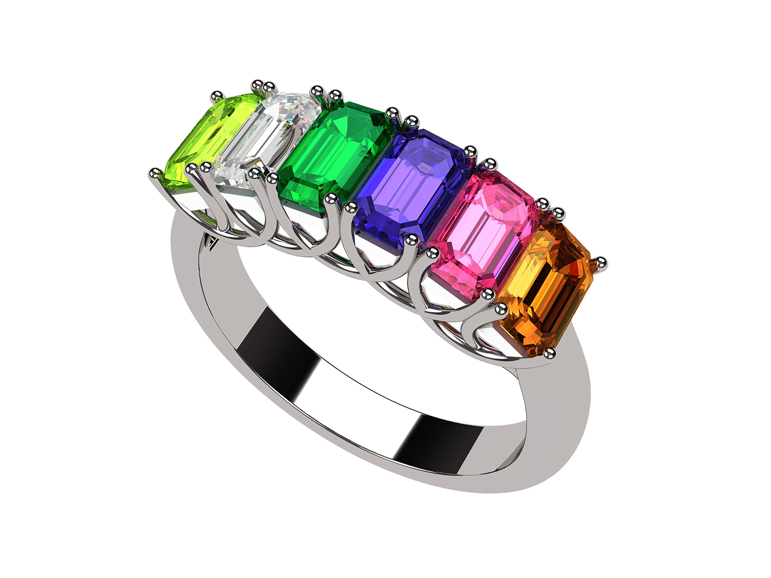 Emerald Cut Lucita Mothers Rings with 1 to 7 Simulated Birthstones in 14K Gold - Elegant Birthstone Jewelry for Mom, Gift for Mother's Day, Anniversary & Special Occasions