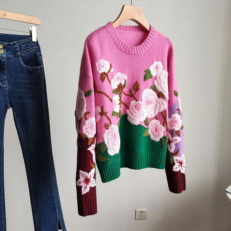 3D Flower Loose Knit Sweater for Women - Cozy Autumn & Spring Pullover - Casual Lazy Day Outfits for Work or Weekend