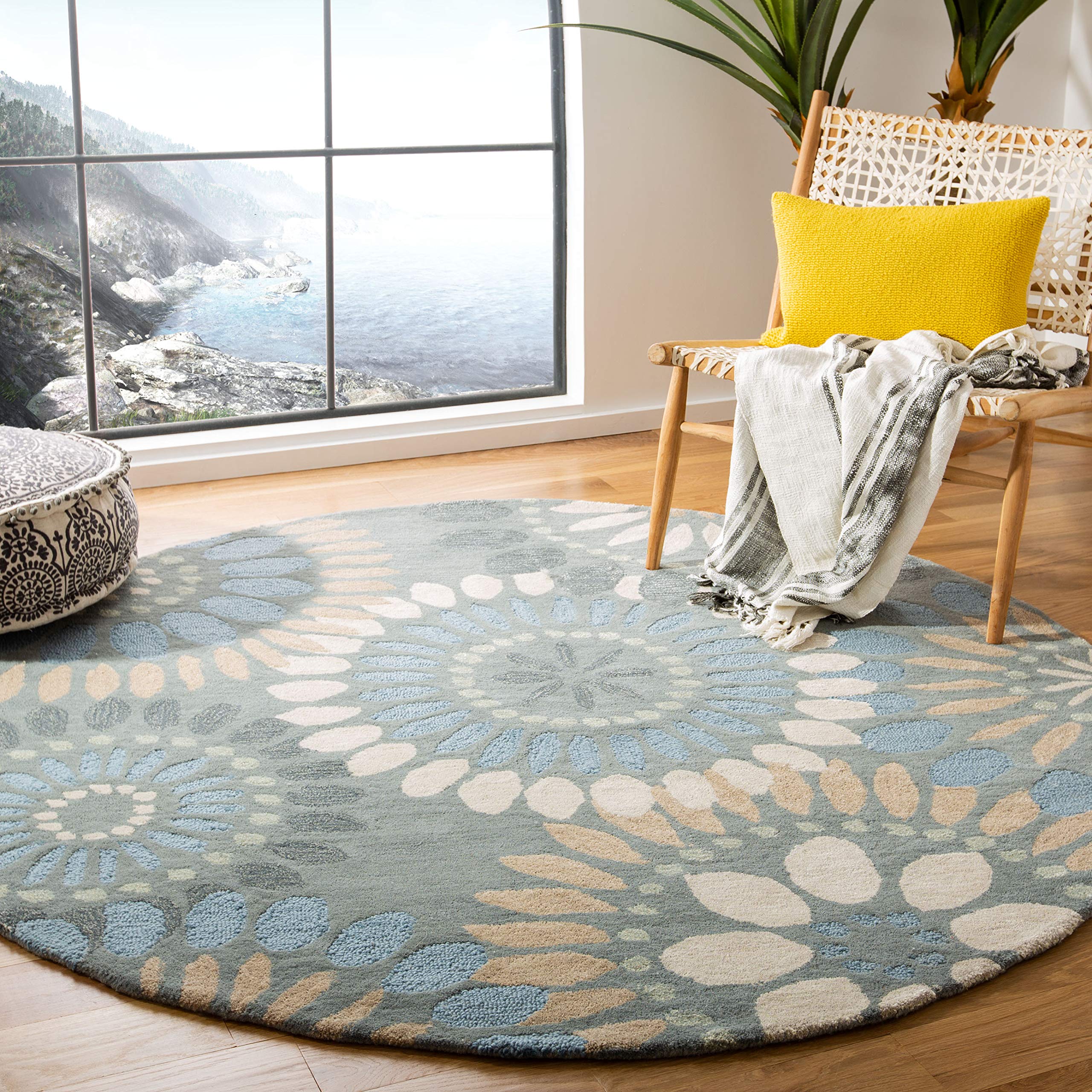 SAFAVIEH Jardin Collection 6-Foot Round Handmade Floral Wool Area Rug - Grey & Blue (JAR455A) | Premium Floor Covering for Living Room, Bedroom & Office Decor