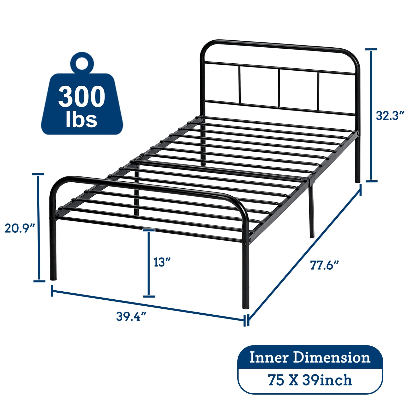13 Inch Twin Bed Frame with Headboard & Footboard - Heavy Duty Wrought Iron Metal Platform Bed for Kids, No Box Spring Needed, Sturdy Steel Slats & Storage Space - Perfect for Kids' Bedrooms, Guest Rooms & Small Spaces