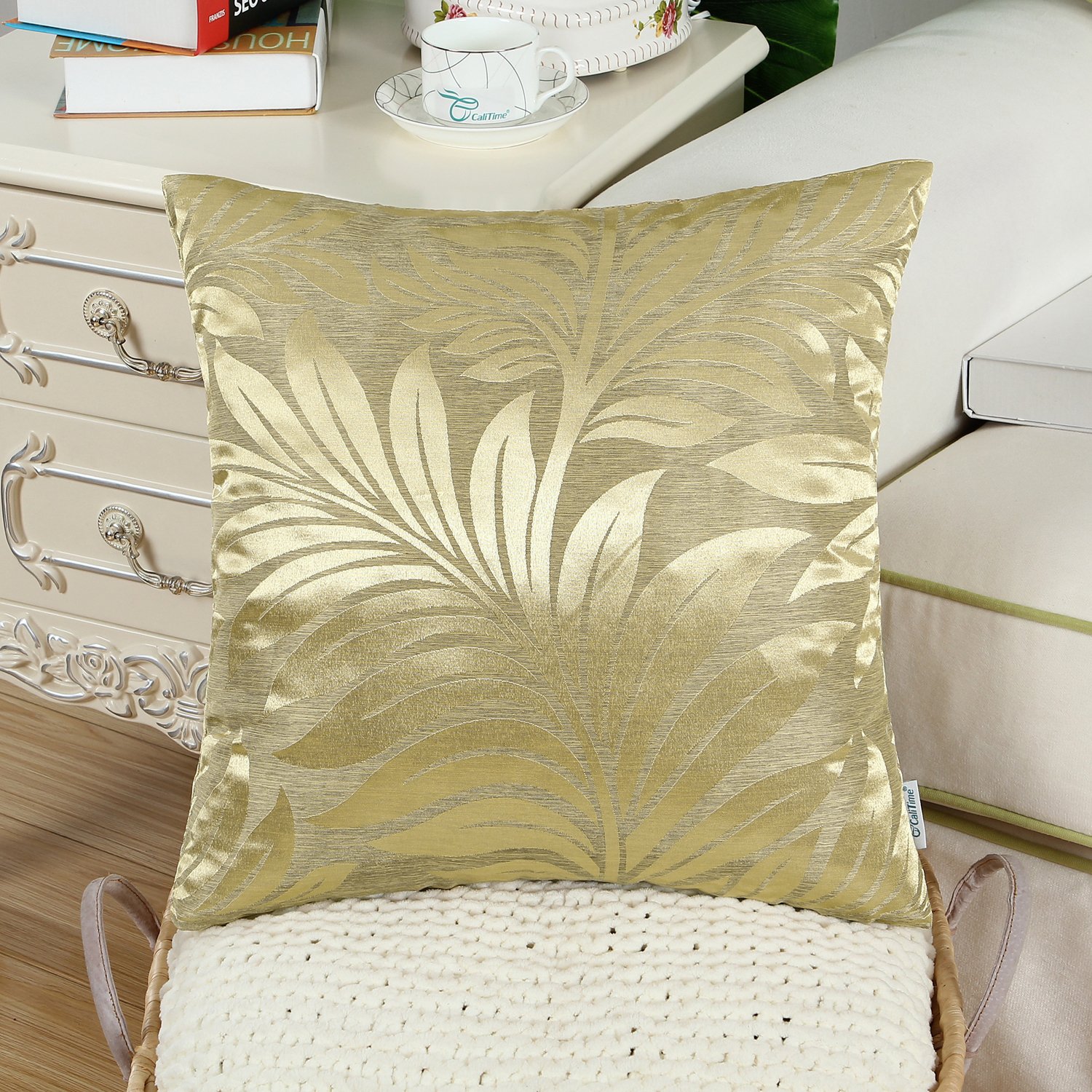 Premium Pack of 2 Tropical Fern Leaf Throw Pillow Covers 18x18 Inches - Gold Shimmer & Matte Contrast for Sofa, Couch & Home Decor | Perfect for Living Room, Bedroom & Seasonal Home Styling
