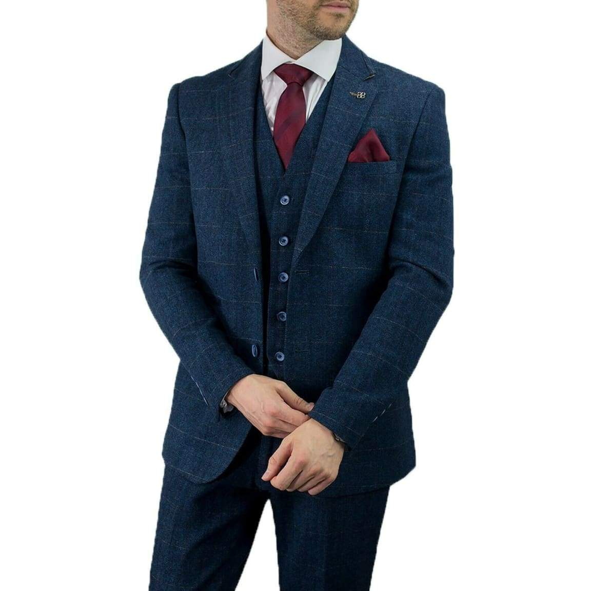 Cavani Carnegi 3-Piece Blue Check Tweed Suit for Men | Classic Business & Wedding Attire | Formal Office & Special Occasion Outfit