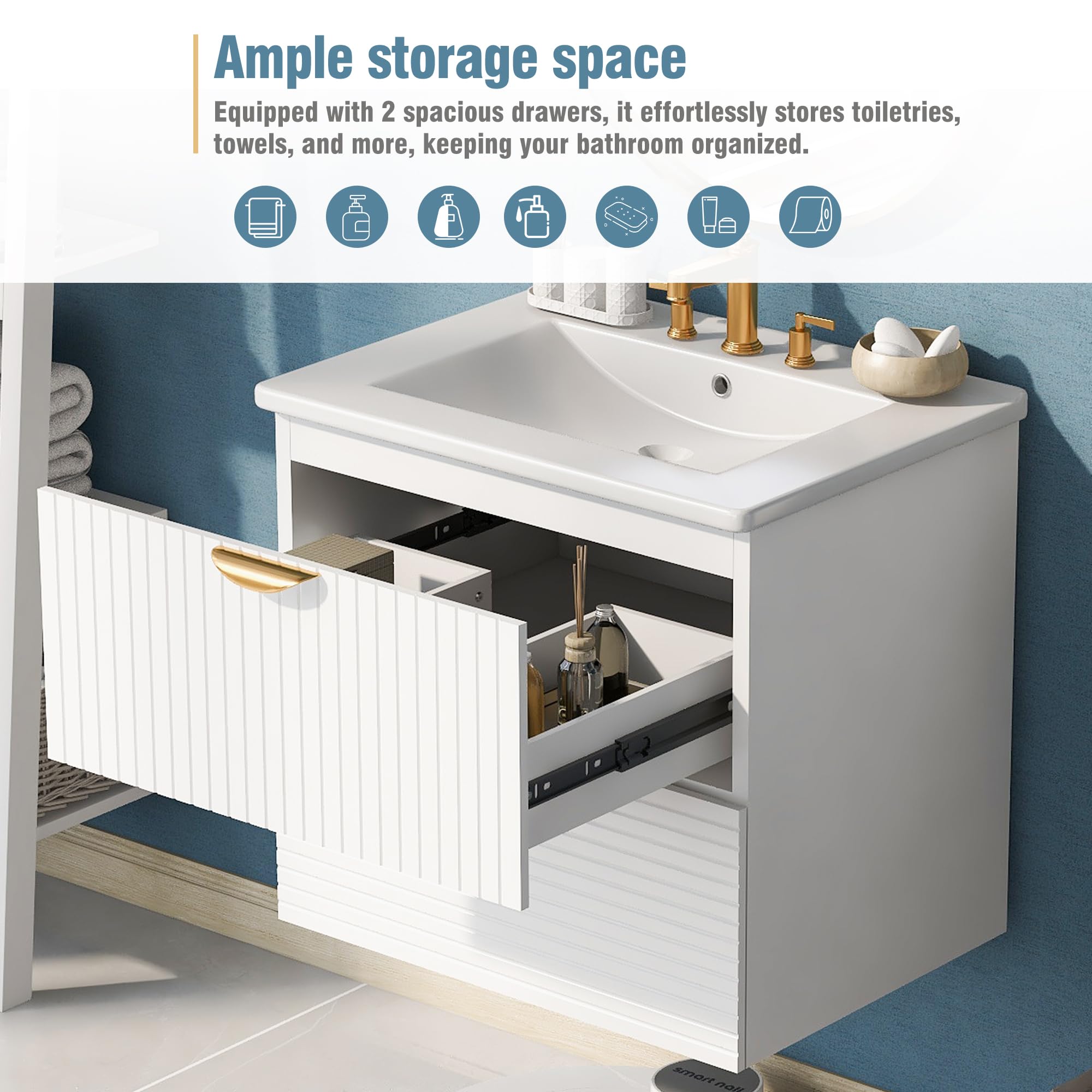 Polibi Modern 24-Inch Floating Wall-Mounted Bathroom Vanity with 2 Drawers & Top Sink - Space-Saving Storage Solution for Small Bathrooms, Powder Rooms & Apartments