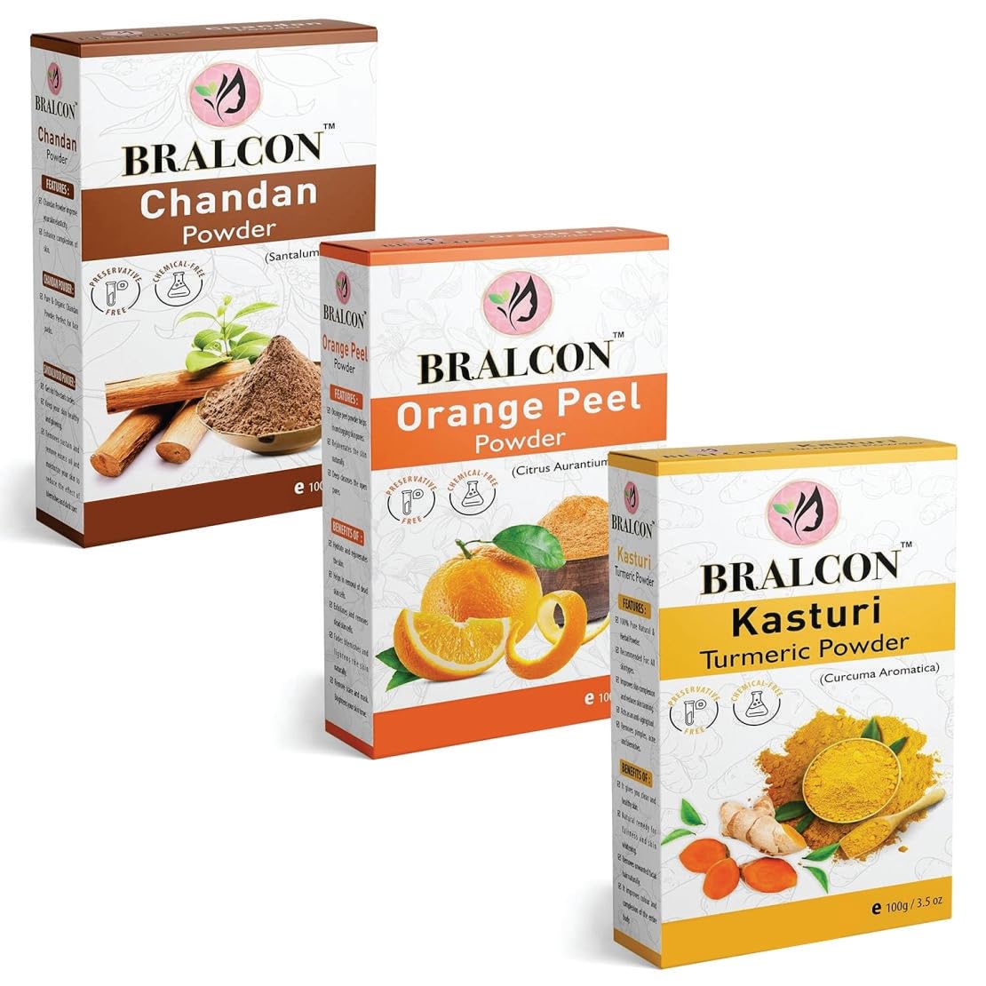 BRALCON Chandan, Orange & Kasturi Haldi Powder Combo - 300g (3 x 100g) for Face Masks, Facials & Skin Care | Natural Ayurvedic Skincare for Glowing Complexion & Acne Treatment
