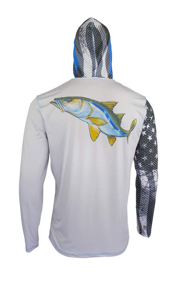 Men's UPF Performance Hoodie - Salty Scales Blue Line Leo/Snook Fishing Shirt | Sun Protection Outdoor Wear for Fishing, Boating & Water Sports