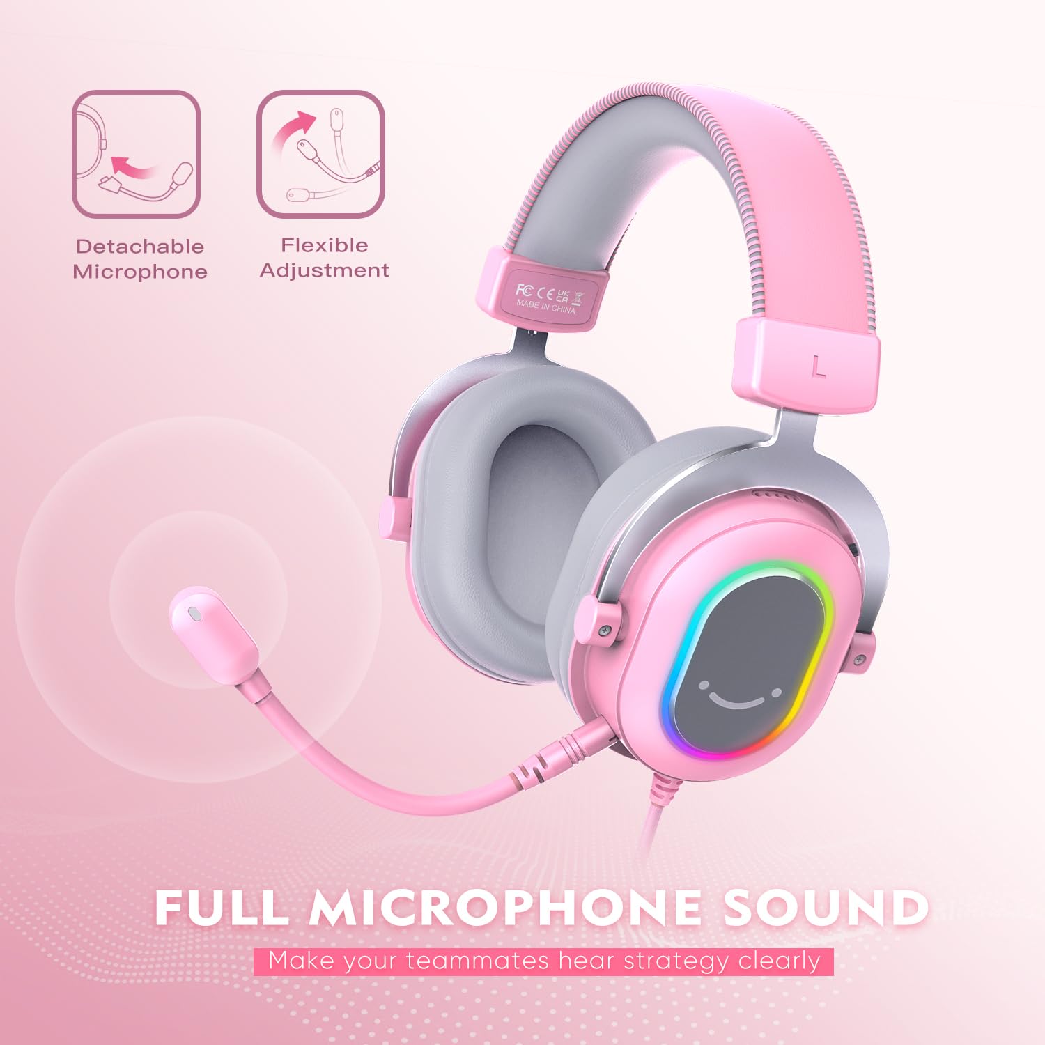 FIFINE PC Gaming Headset with Microphone - USB Wired 7.1 Surround Sound Headphones with RGB Lights & In-Line Controls for PS4/PS5, Streaming, Gaming, Video Calls - Over-Ear Design (Pink) | Perfect for Online Gaming, Live Streaming & Remote Work