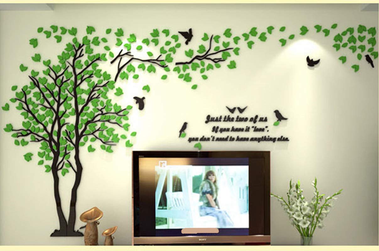 3D Tree Wall Stickers - DIY Tree and Birds Wall Decals for Living Room, Bedroom & TV Background - Large Green Left Design (158x79 inches) - Perfect for Home Decor, Nursery, Kids Room & Wedding Decorations
