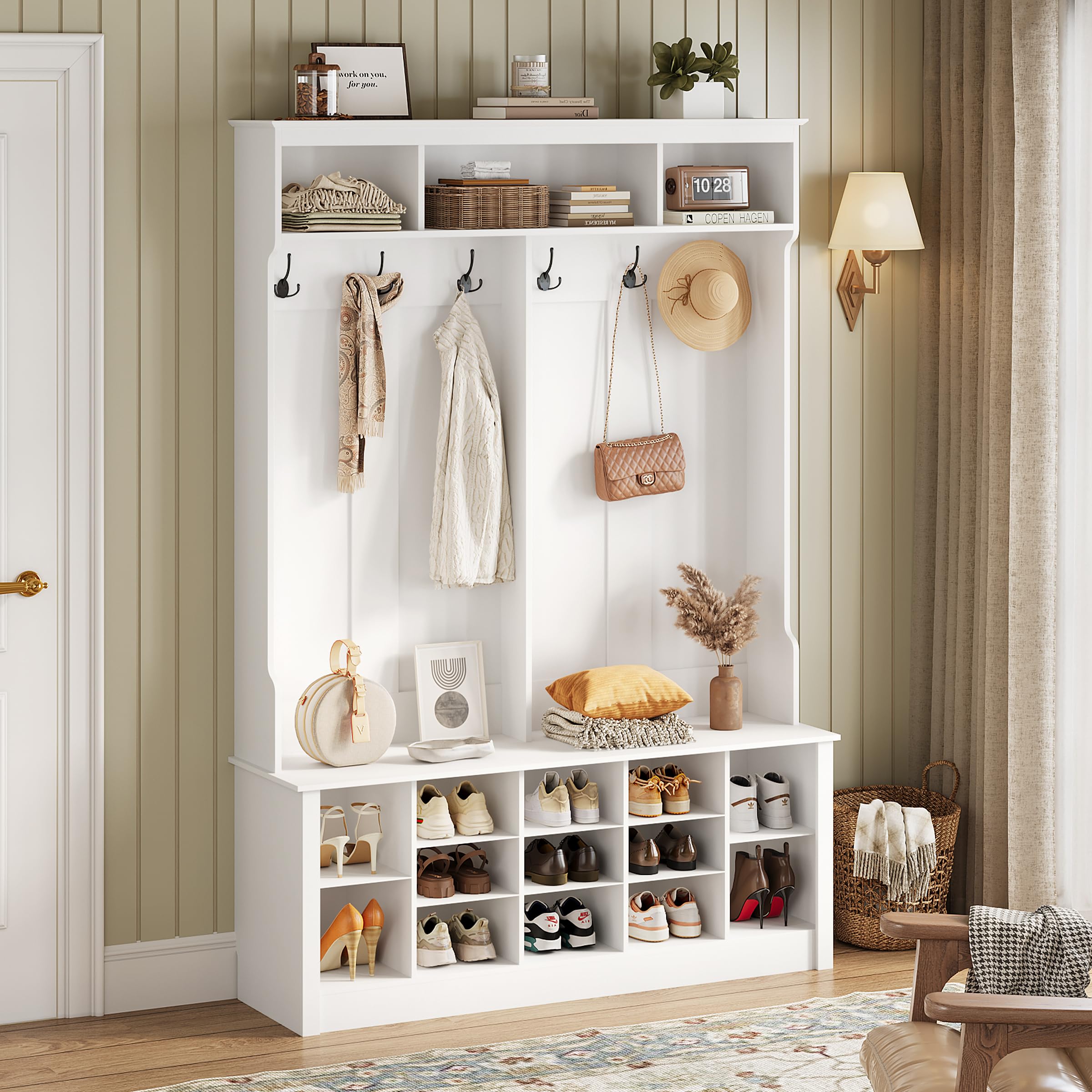 5-in-1 Hall Tree with Bench & Shoe Storage - Entryway Organizer with Coat Rack, Adjustable Shelves & Hooks - Perfect for Foyer, Hallway or Bedroom - White Entryway Furniture for Home Organization
