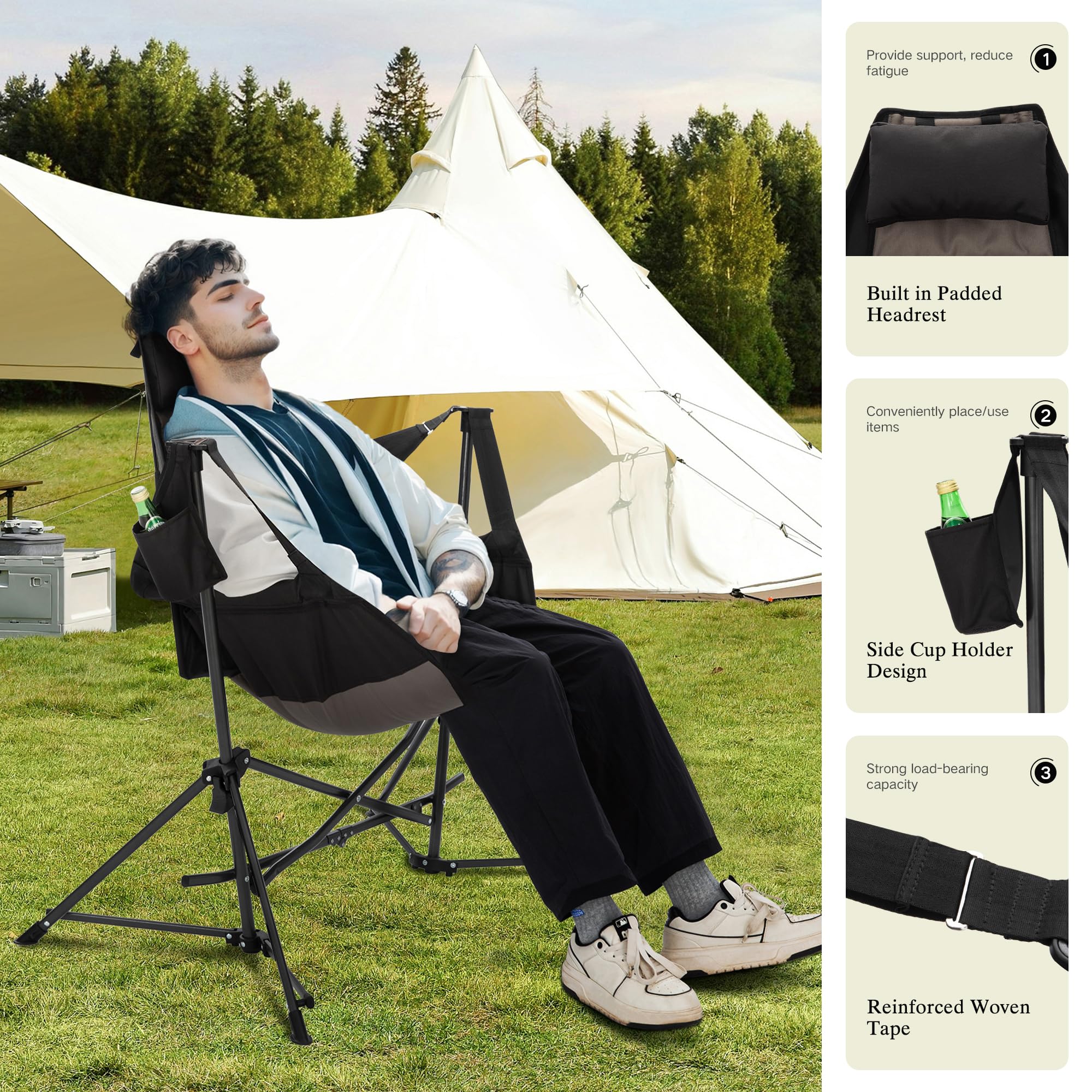 **Portable Hammock Camping Chair with Adjustable Back & Cup Holder - Heavy Duty Folding Outdoor Rocking Chair for Adults - Perfect for Backyard, Beach, Camping & Patio Relaxation - Black**