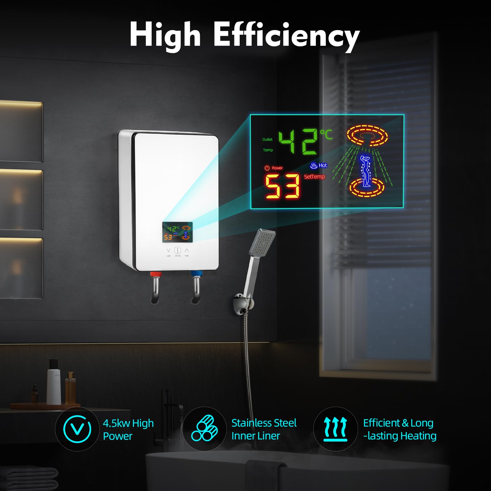 4500W Electric Tankless Water Heater with LED Display - Instant On-Demand Hot Water System for Shower, Kitchen & Bathroom - Compact Mini Design for Small Spaces & Energy Efficient Home Use